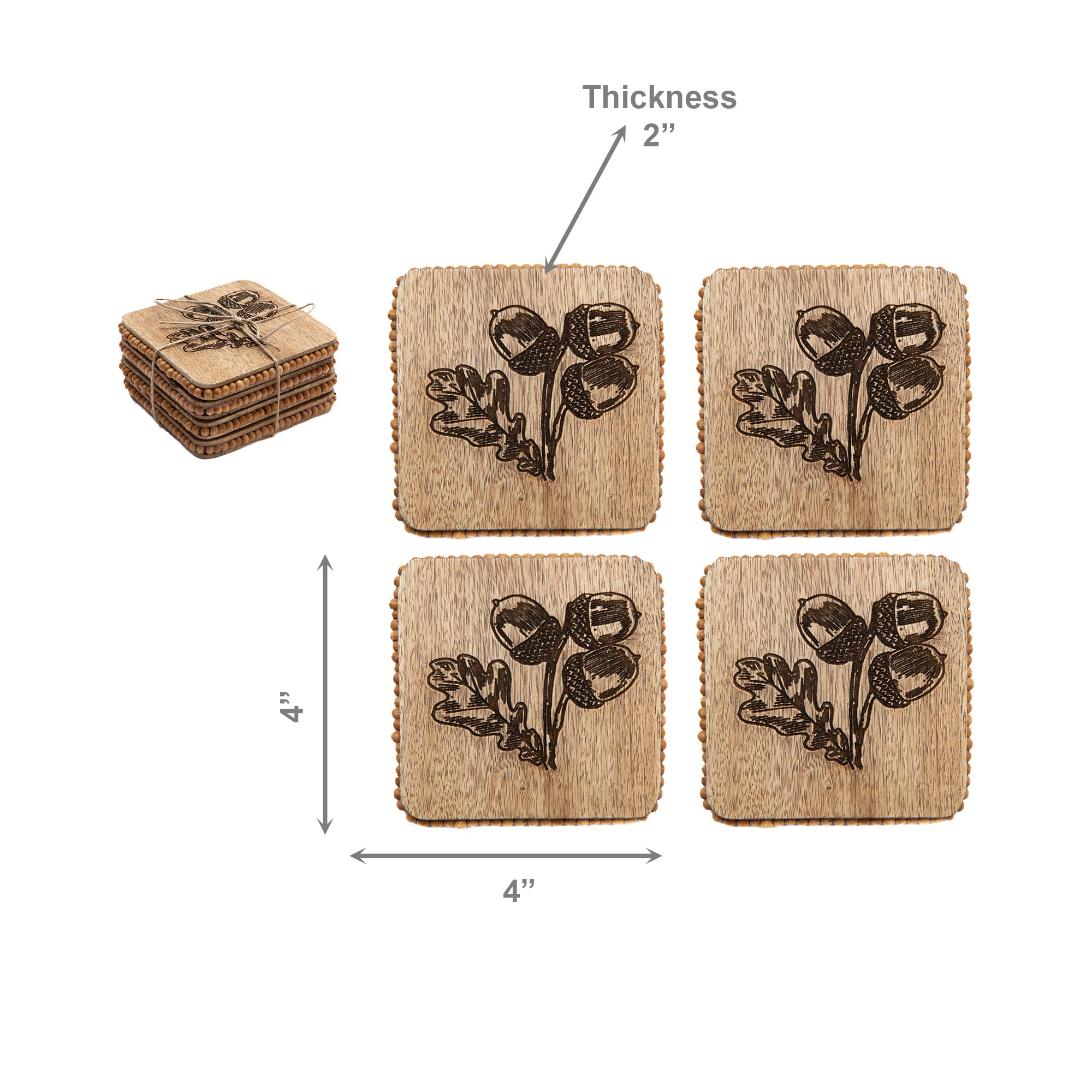 Beaded Acorn Etched Square Wood Coasters – Set of 4