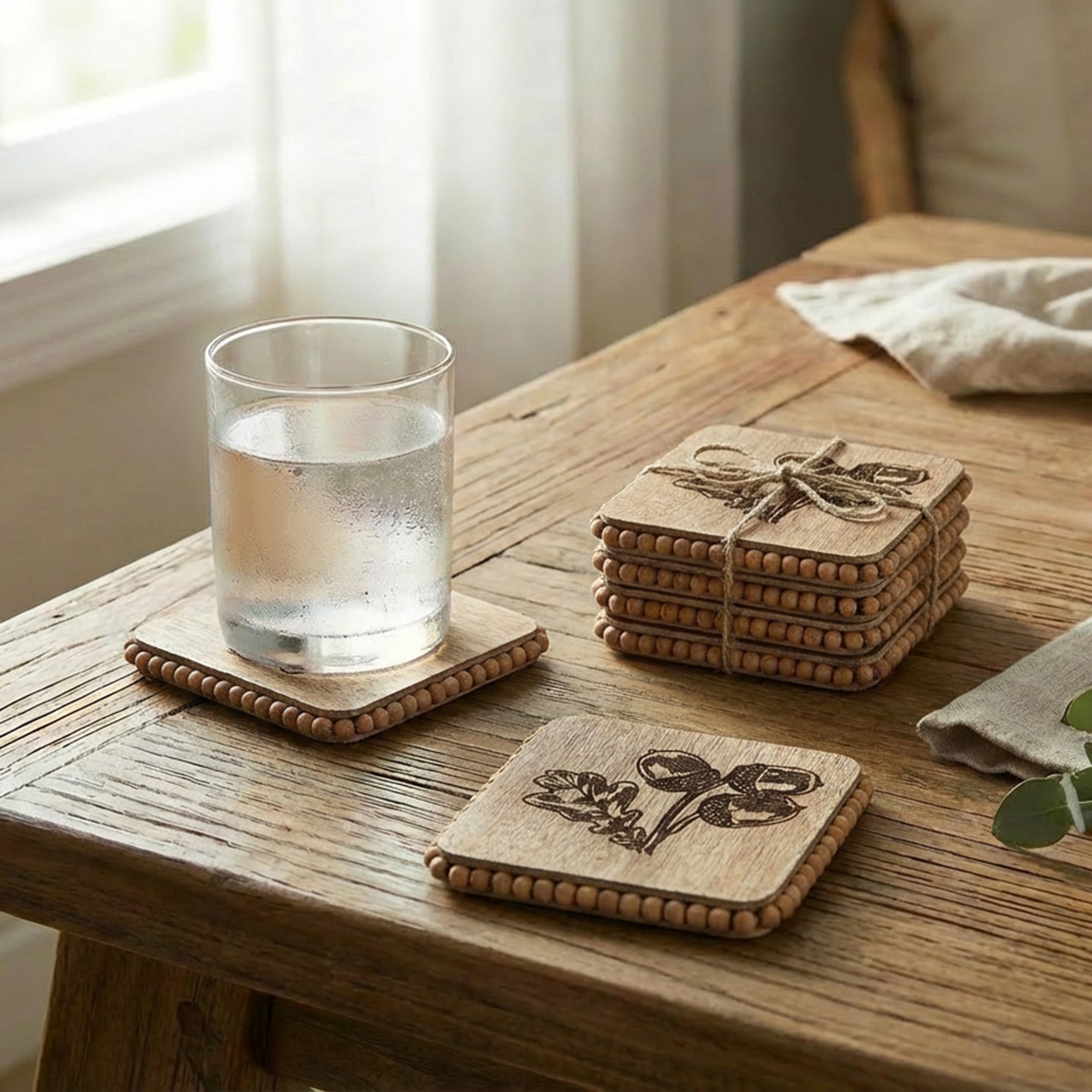 Beaded Acorn Etched Square Wood Coasters – Set of 4