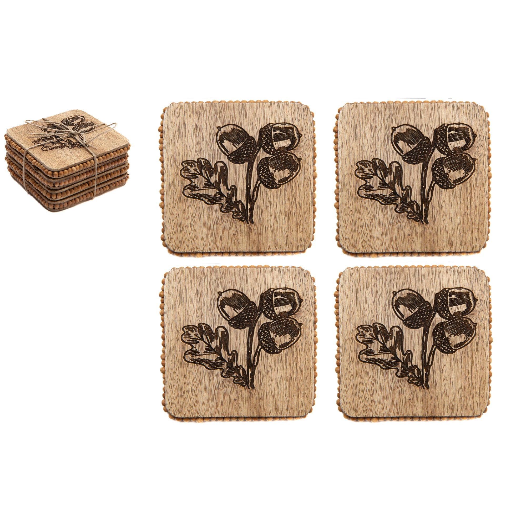 Beaded Acorn Etched Square Wood Coasters – Set of 4