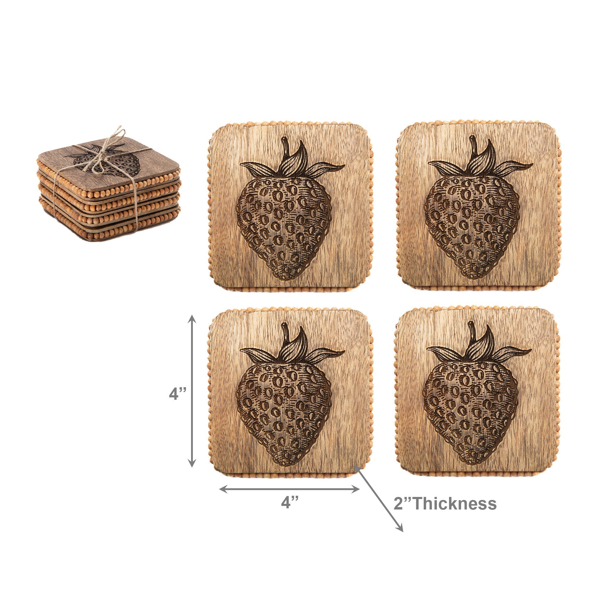 Beaded Strawberry Etched Square Wood Coasters – Set of 4
