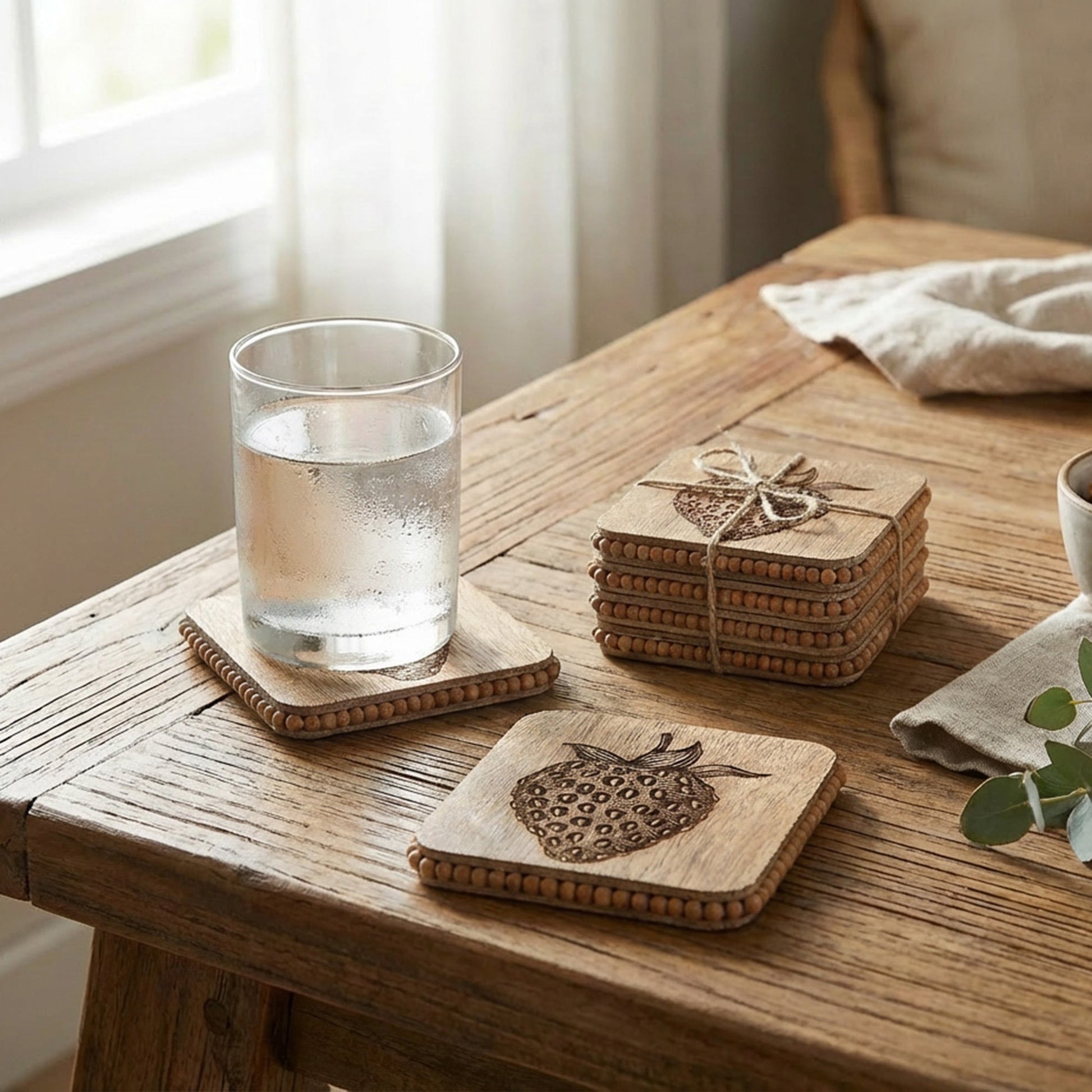 Beaded Strawberry Etched Square Wood Coasters – Set of 4