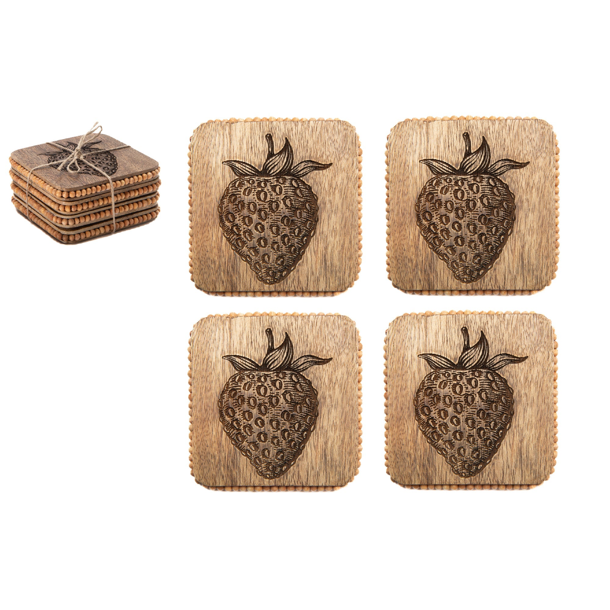 Beaded Strawberry Etched Square Wood Coasters – Set of 4
