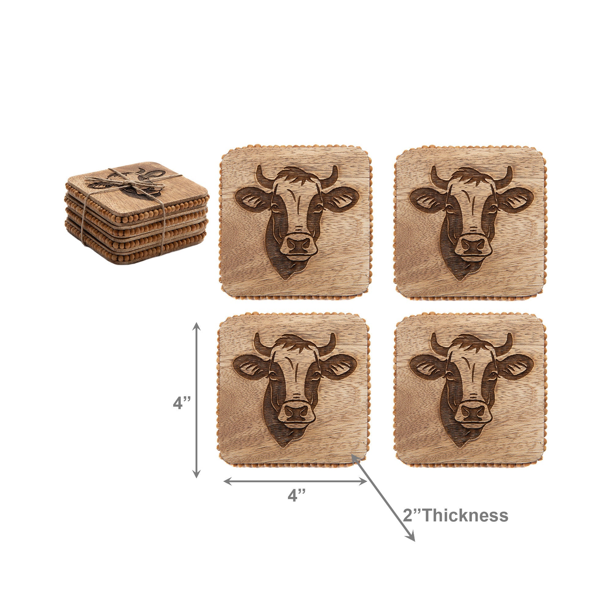 Beaded Bull Etched Square Wood Coasters – Set of 4