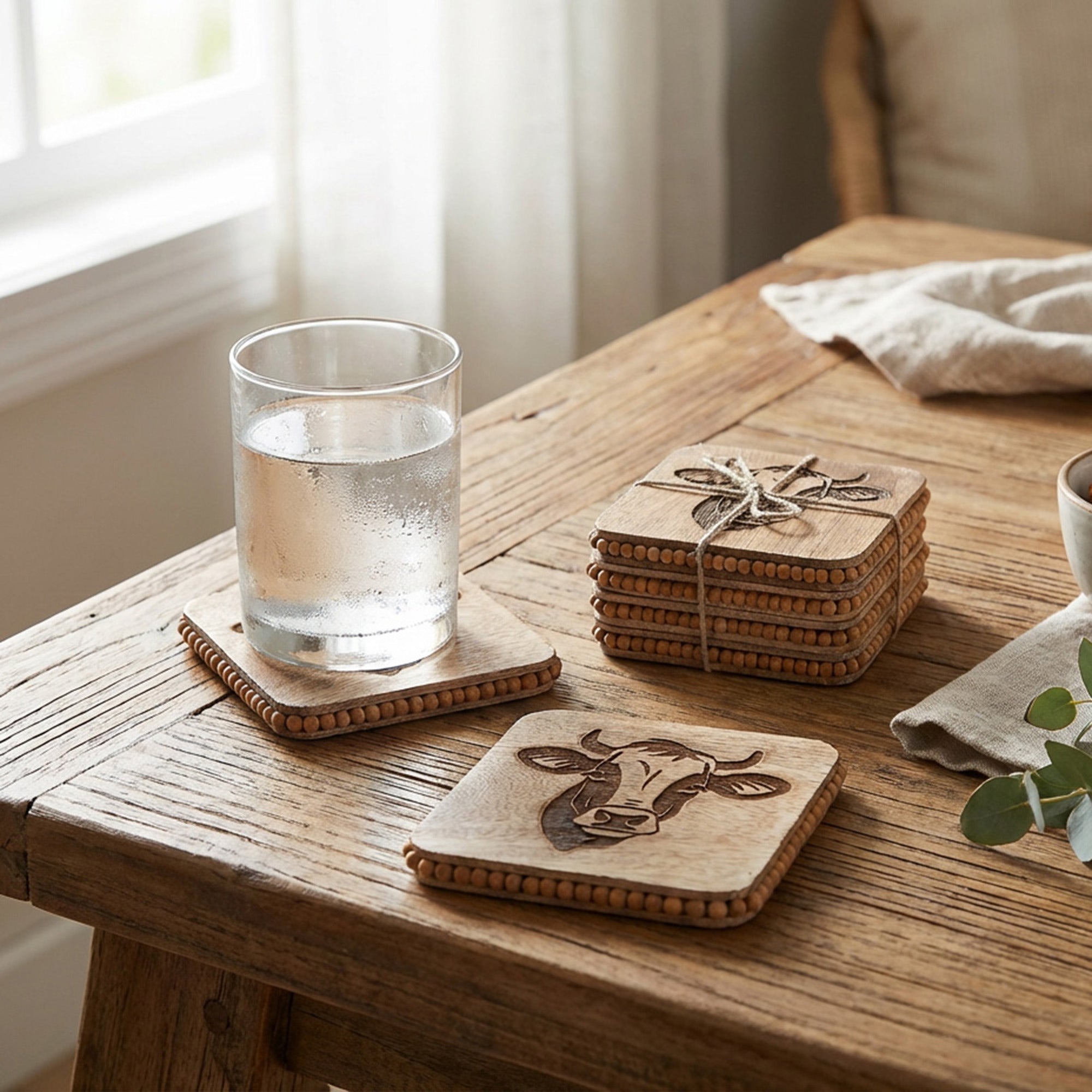 Beaded Bull Etched Square Wood Coasters – Set of 4
