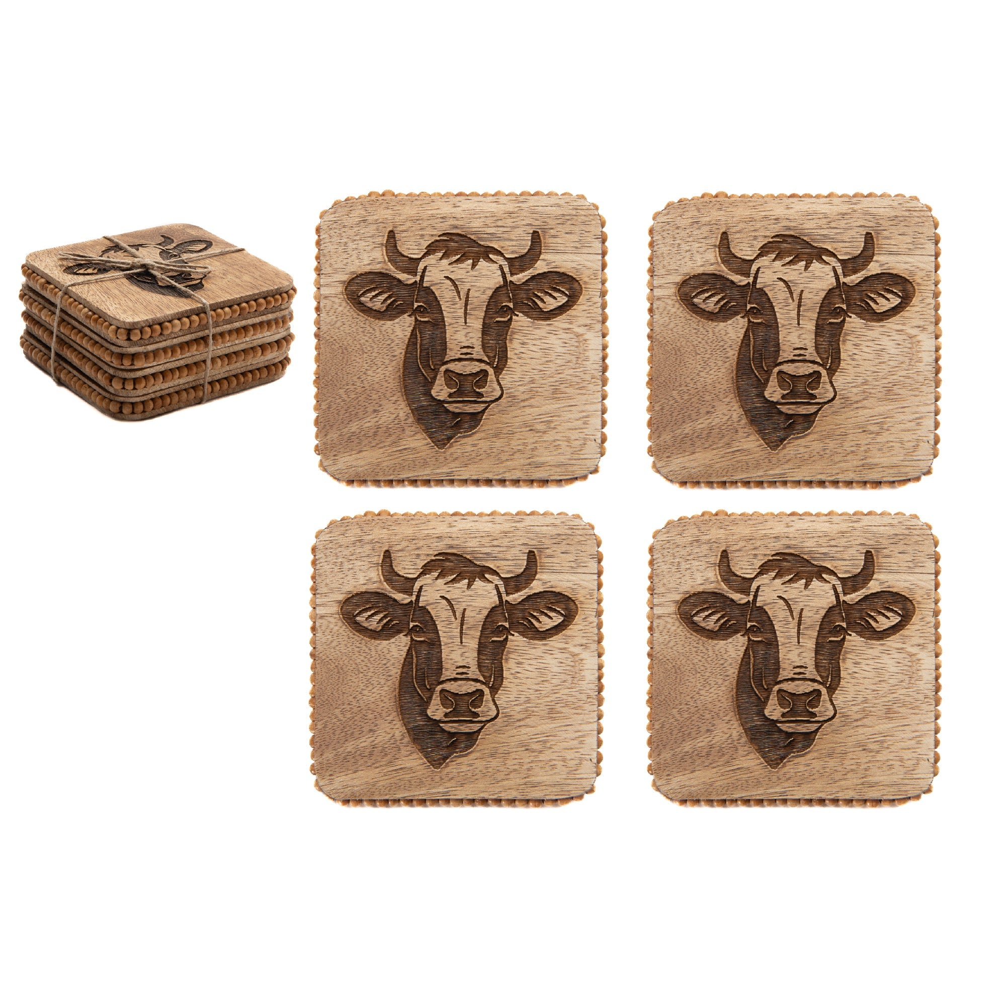 Beaded Bull Etched Square Wood Coasters – Set of 4