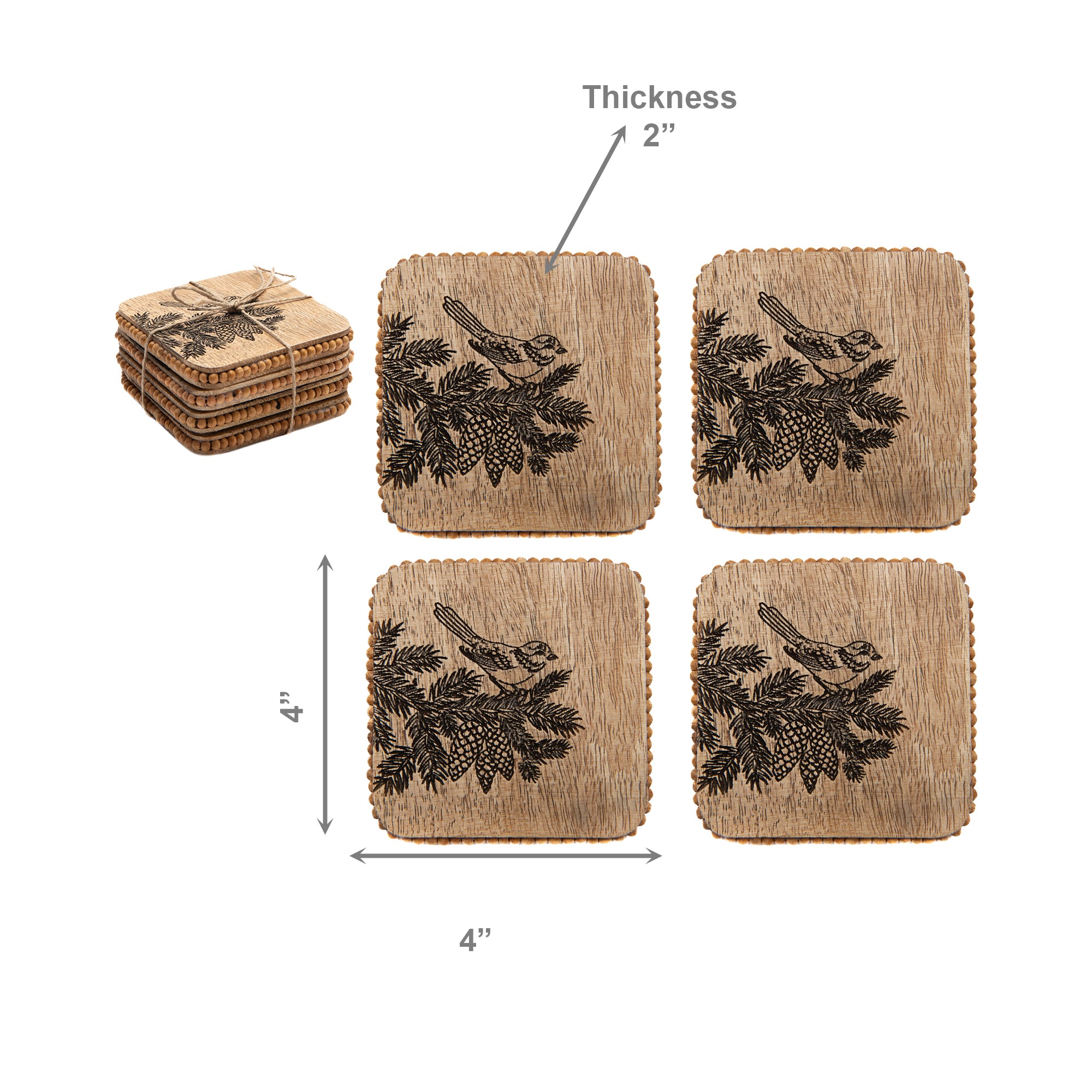 Beaded Bird & Pine Cone Etched Square Wood Coasters – Set of 4