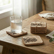 Beaded Bird & Pine Cone Etched Square Wood Coasters – Set of 4