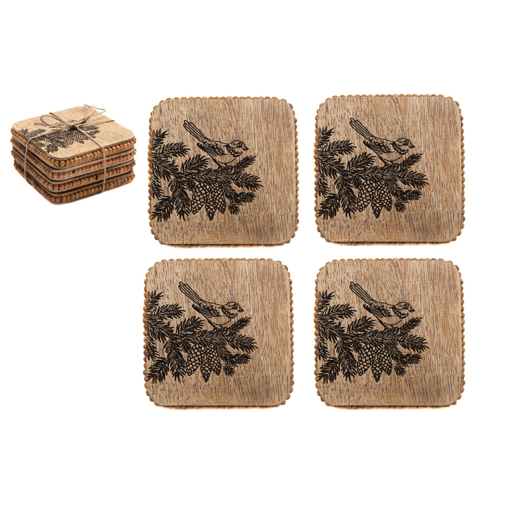 Beaded Bird & Pine Cone Etched Square Wood Coasters – Set of 4