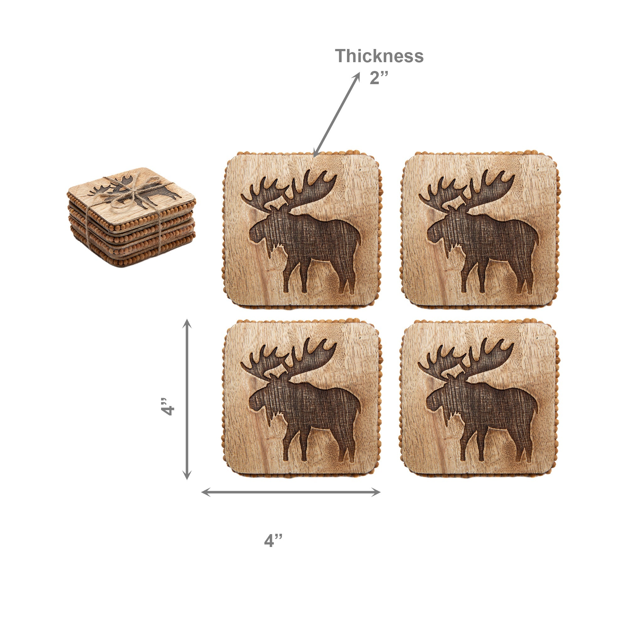 Beaded Moose Etched Square Wood Coasters – Set of 4