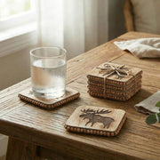 Beaded Moose Etched Square Wood Coasters – Set of 4