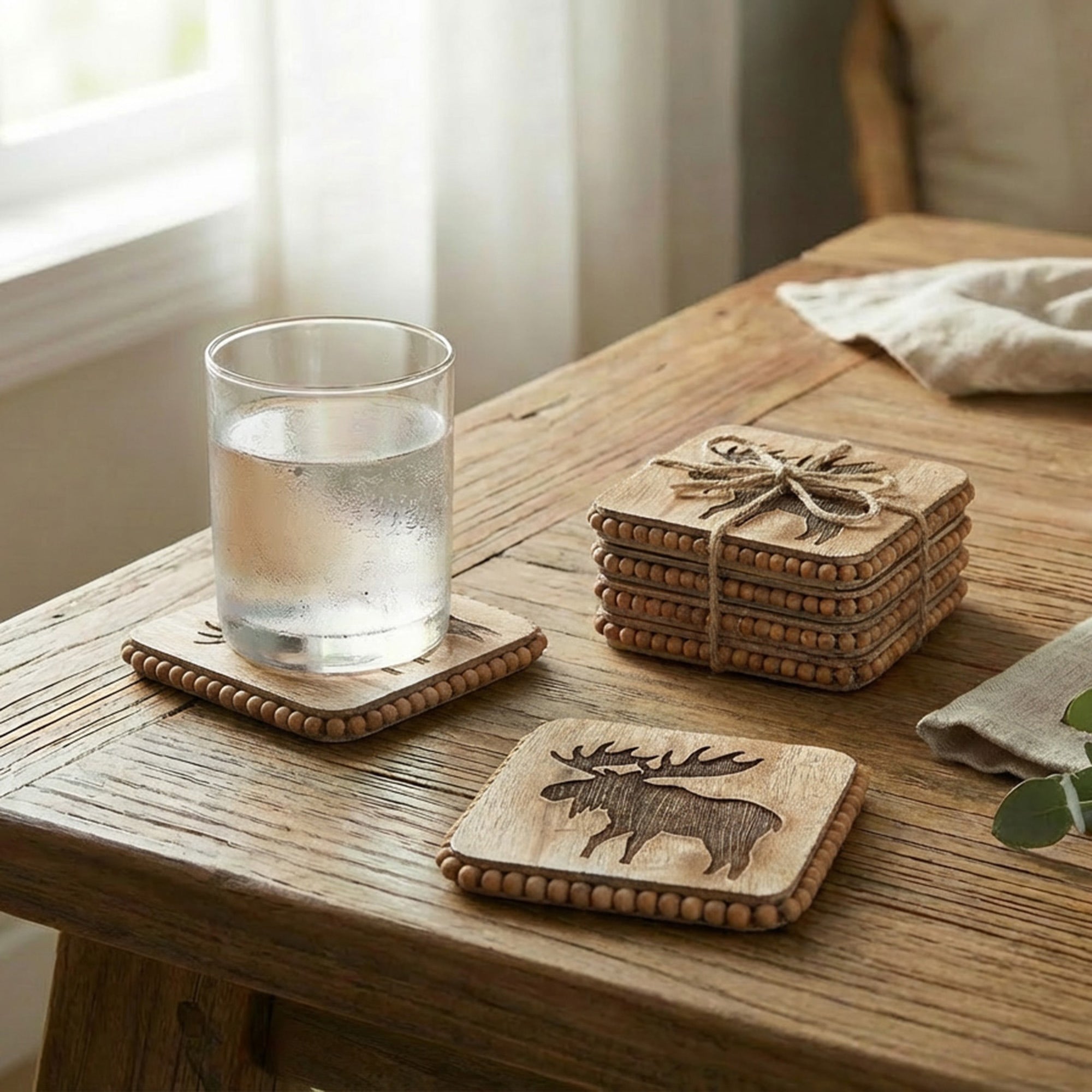 Beaded Moose Etched Square Wood Coasters – Set of 4