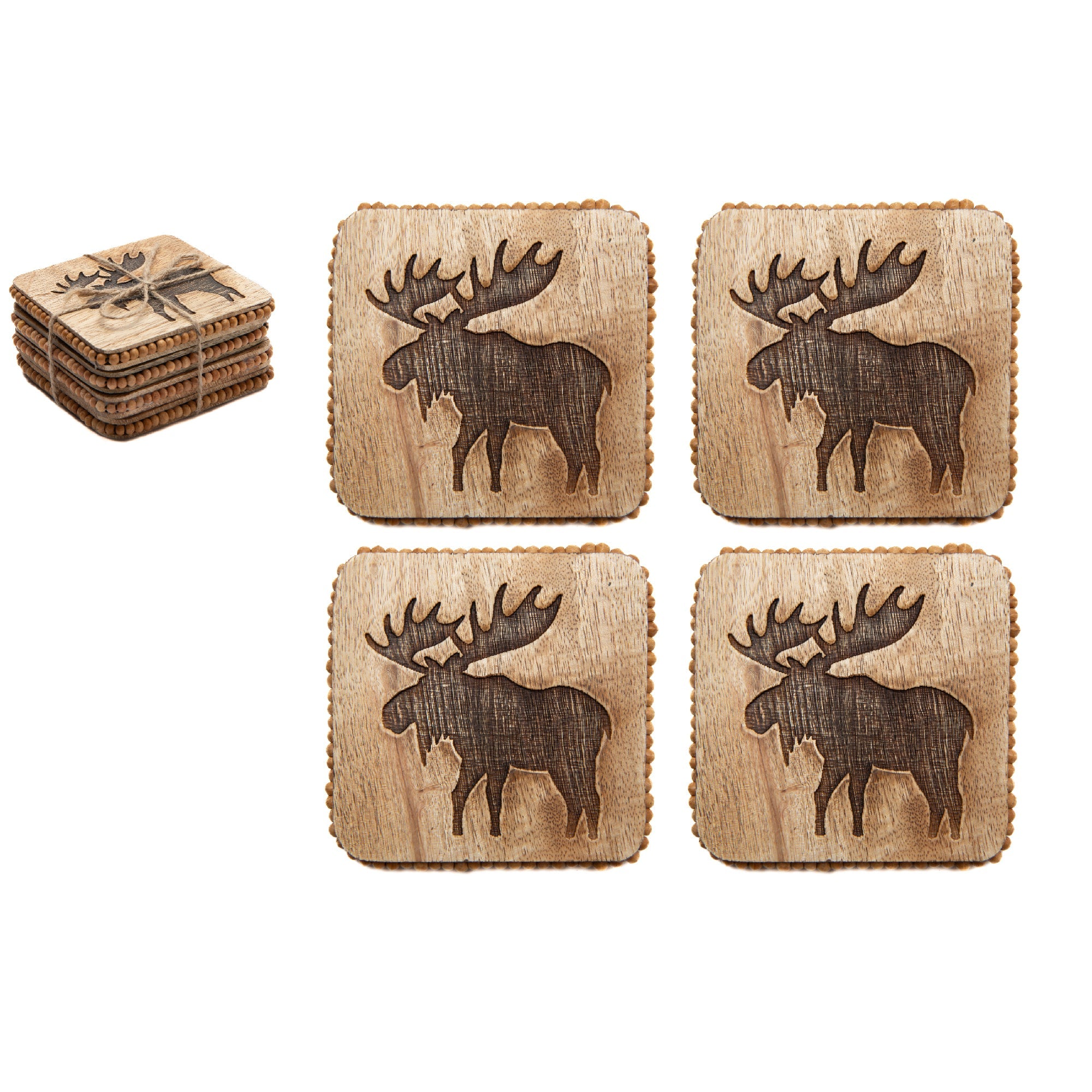Beaded Moose Etched Square Wood Coasters – Set of 4