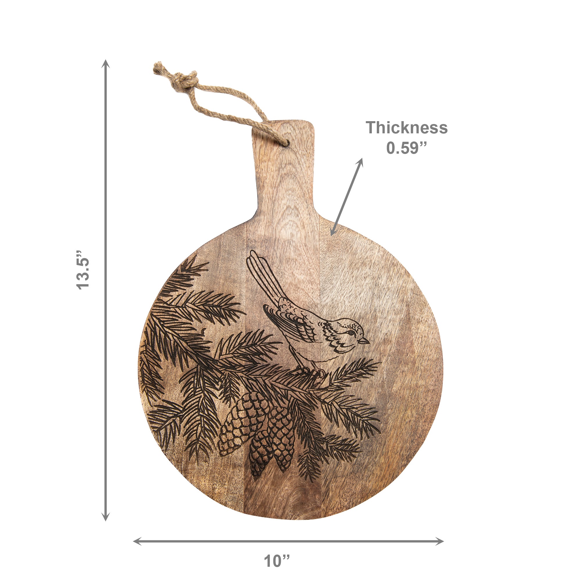 10" Mango Wood Round Cheese Board with Bird & Pine Cone Etching