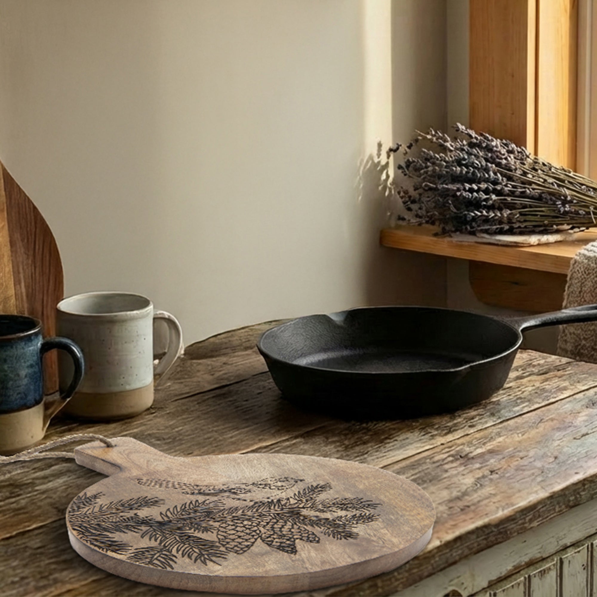 10" Mango Wood Round Cheese Board with Bird & Pine Cone Etching