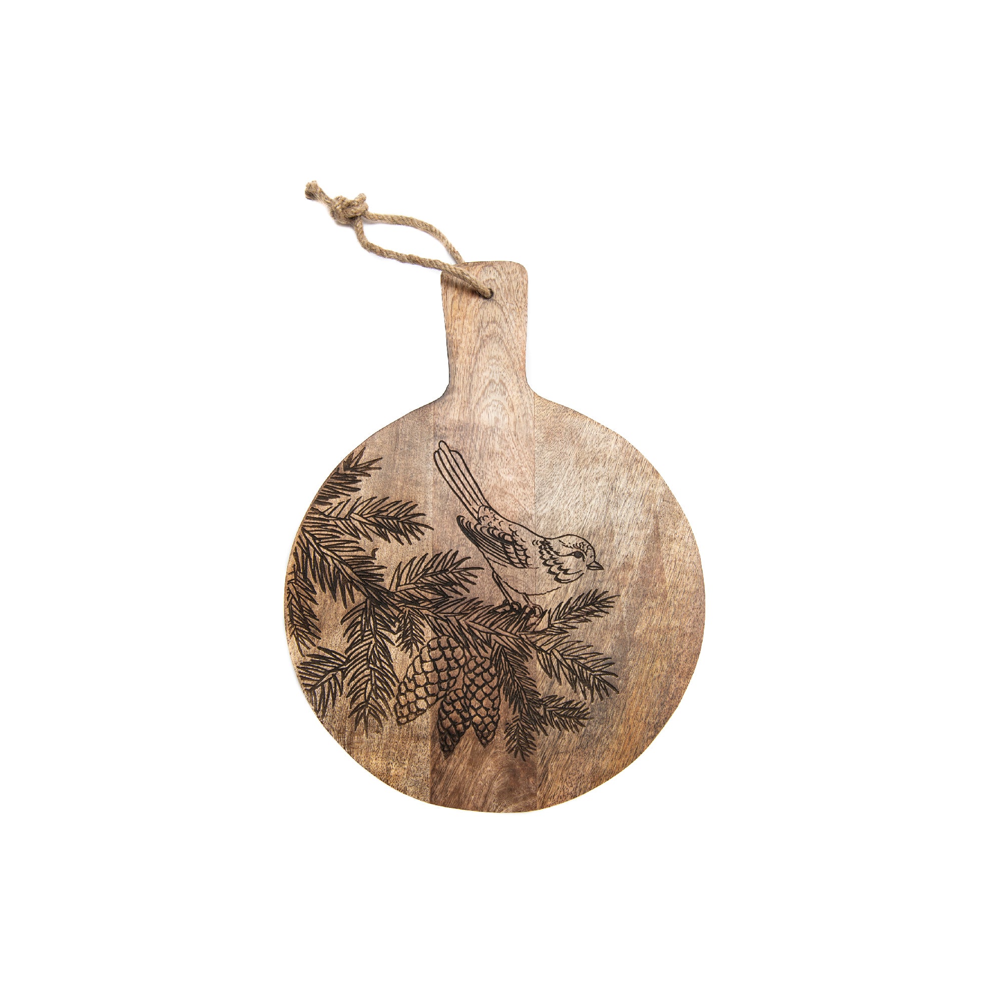 10" Mango Wood Round Cheese Board with Bird & Pine Cone Etching