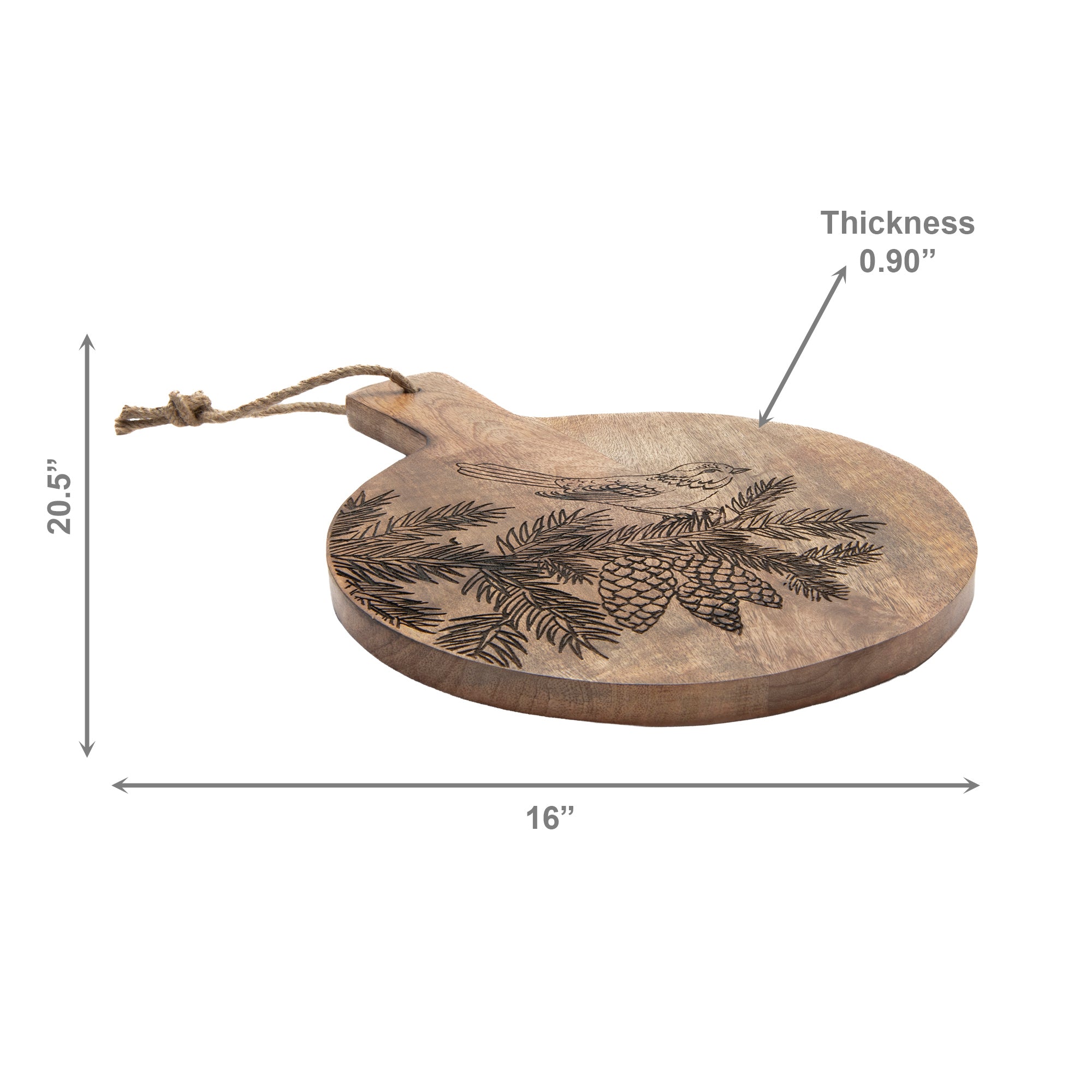 16" Mango Wood Round Cheese Board with Bird & Pine Cone Etching