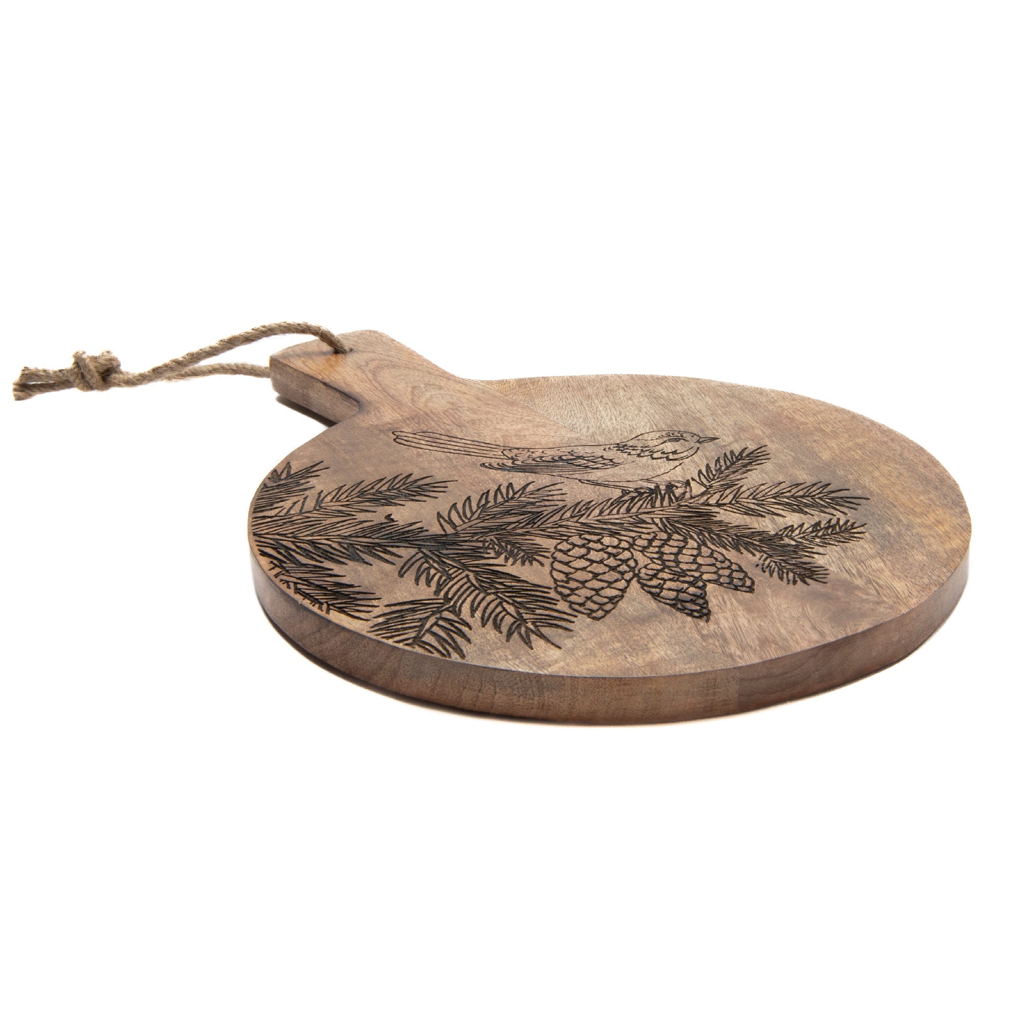 16" Mango Wood Round Cheese Board with Bird & Pine Cone Etching