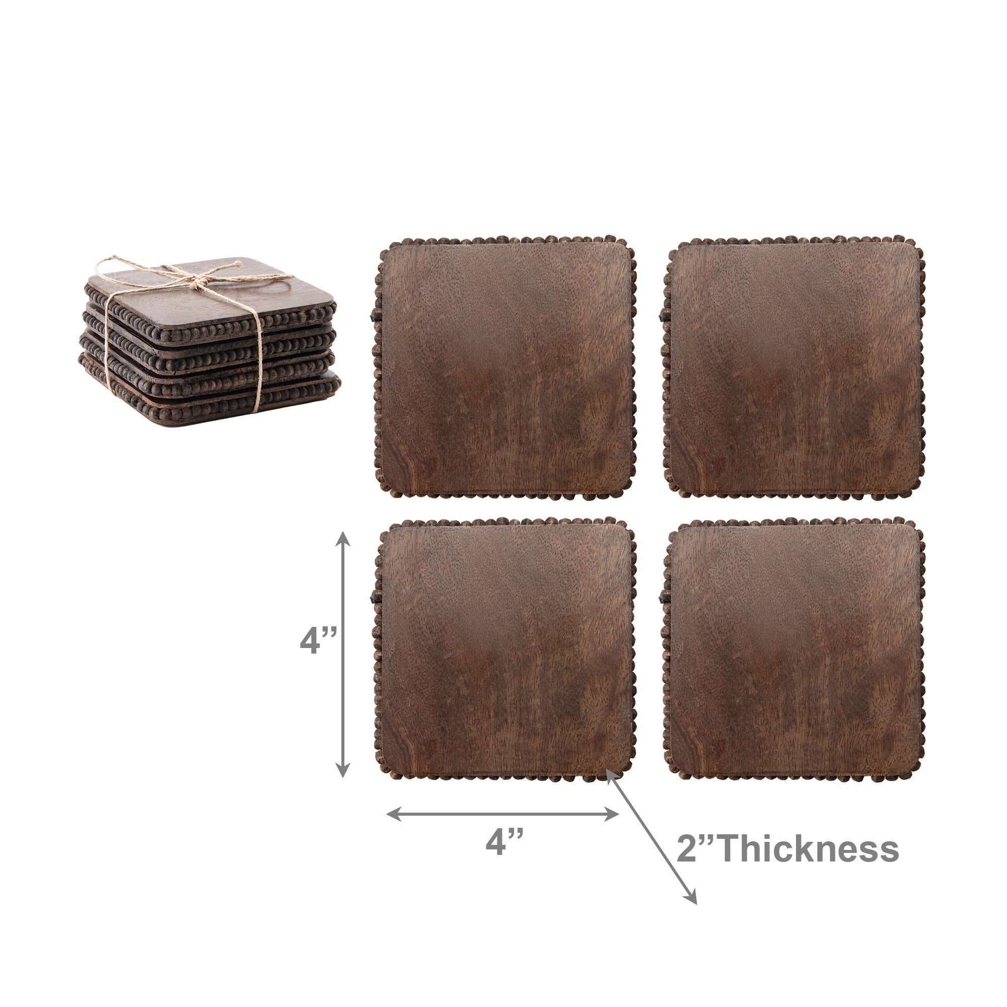 Dark Brown Beaded Square Wood Coasters – Set of 4