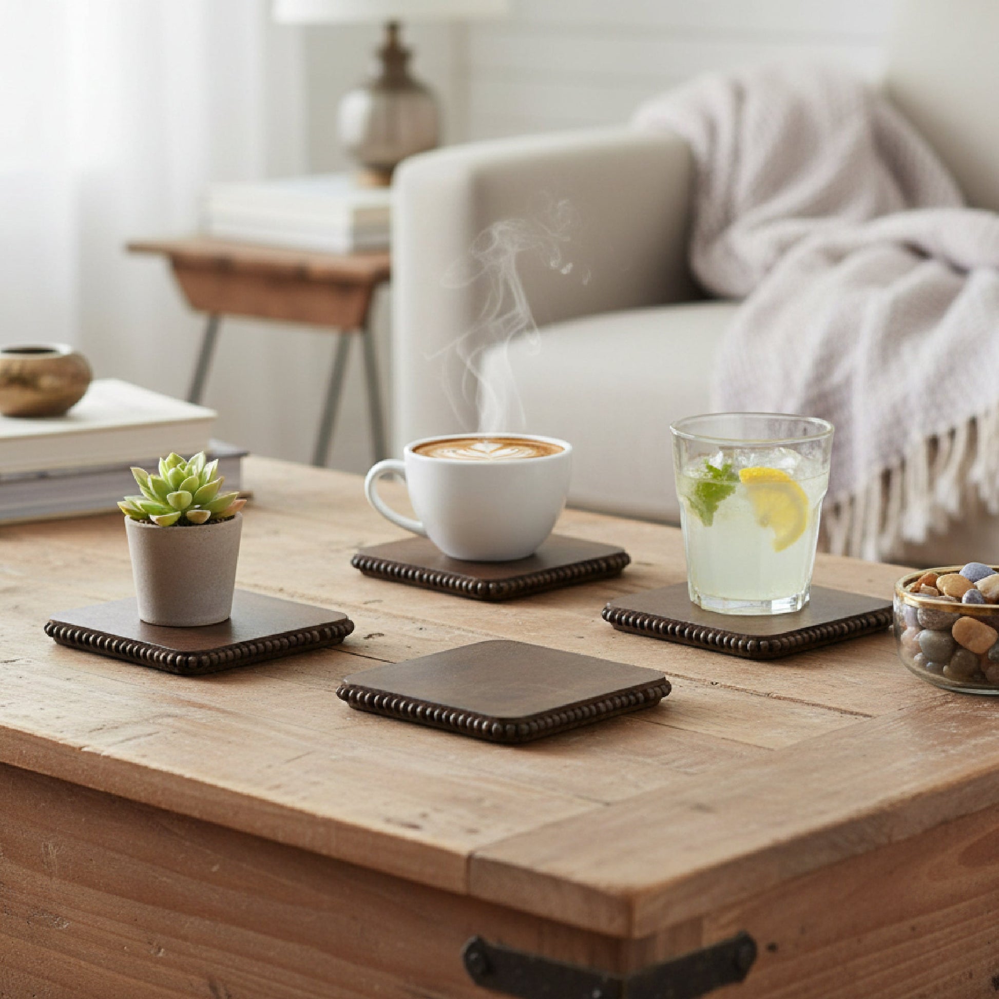 Dark Brown Beaded Square Wood Coasters – Set of 4