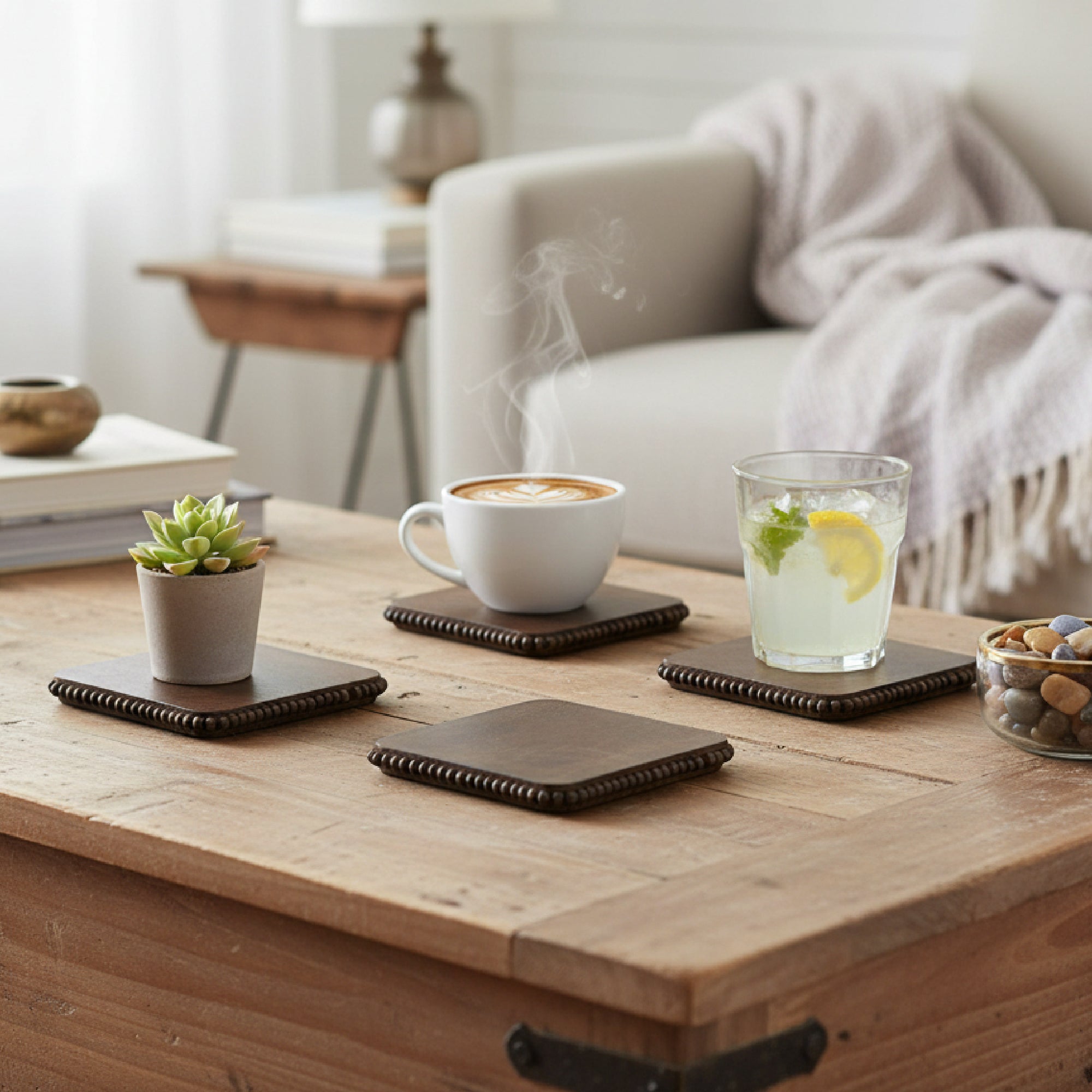 Dark Brown Beaded Square Wood Coasters – Set of 4