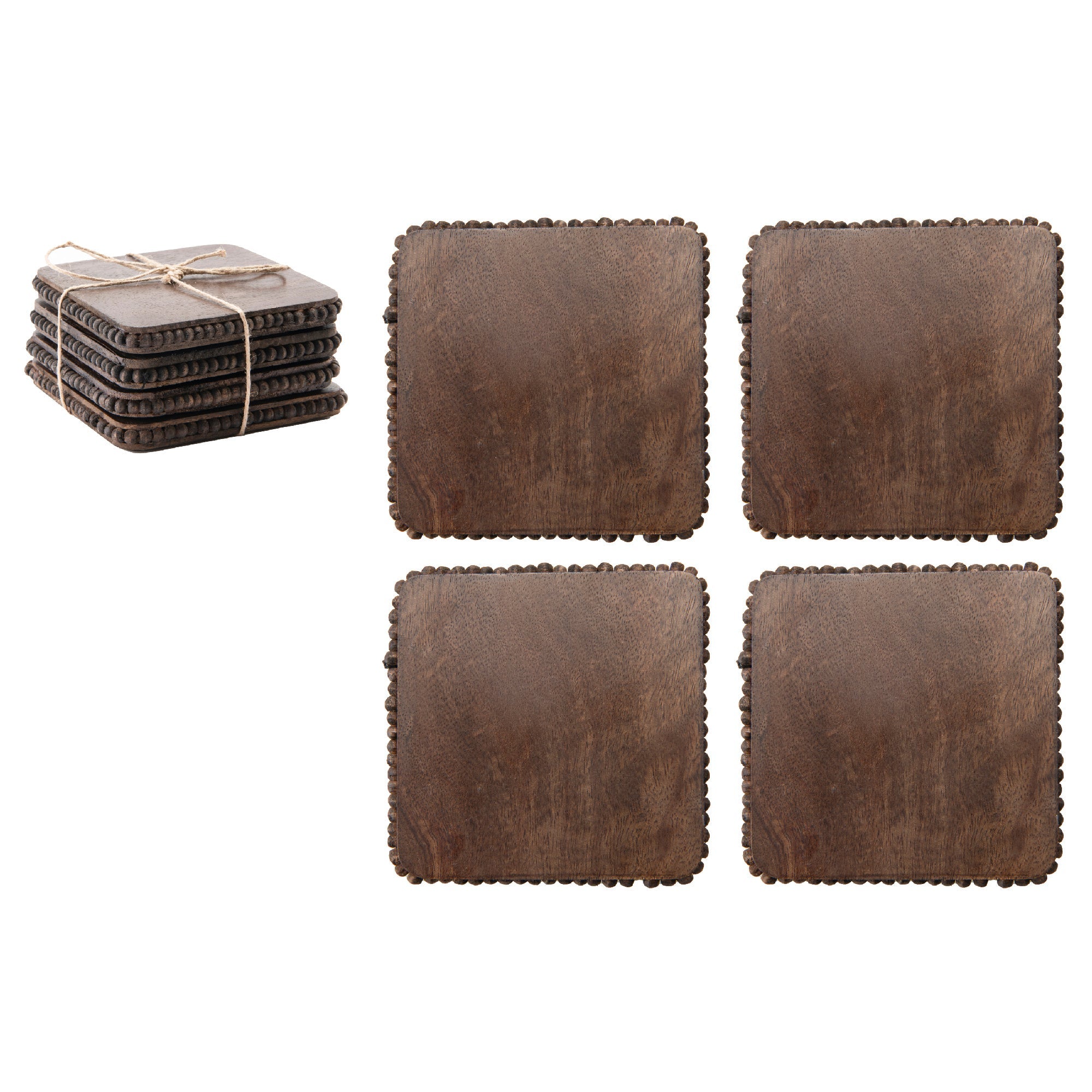 Dark Brown Beaded Square Wood Coasters – Set of 4
