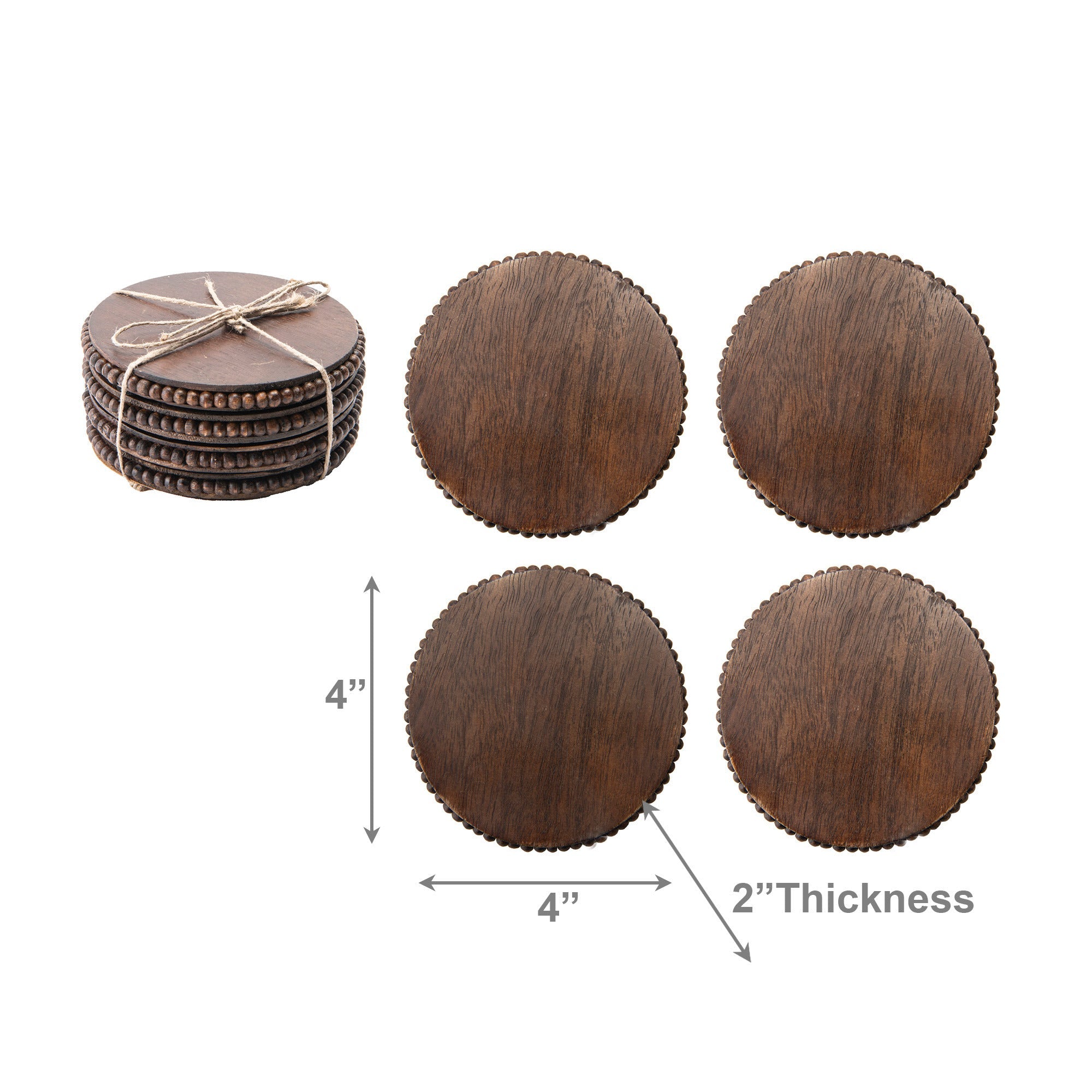 Dark Brown Beaded Round Wood Coasters – Set of 4