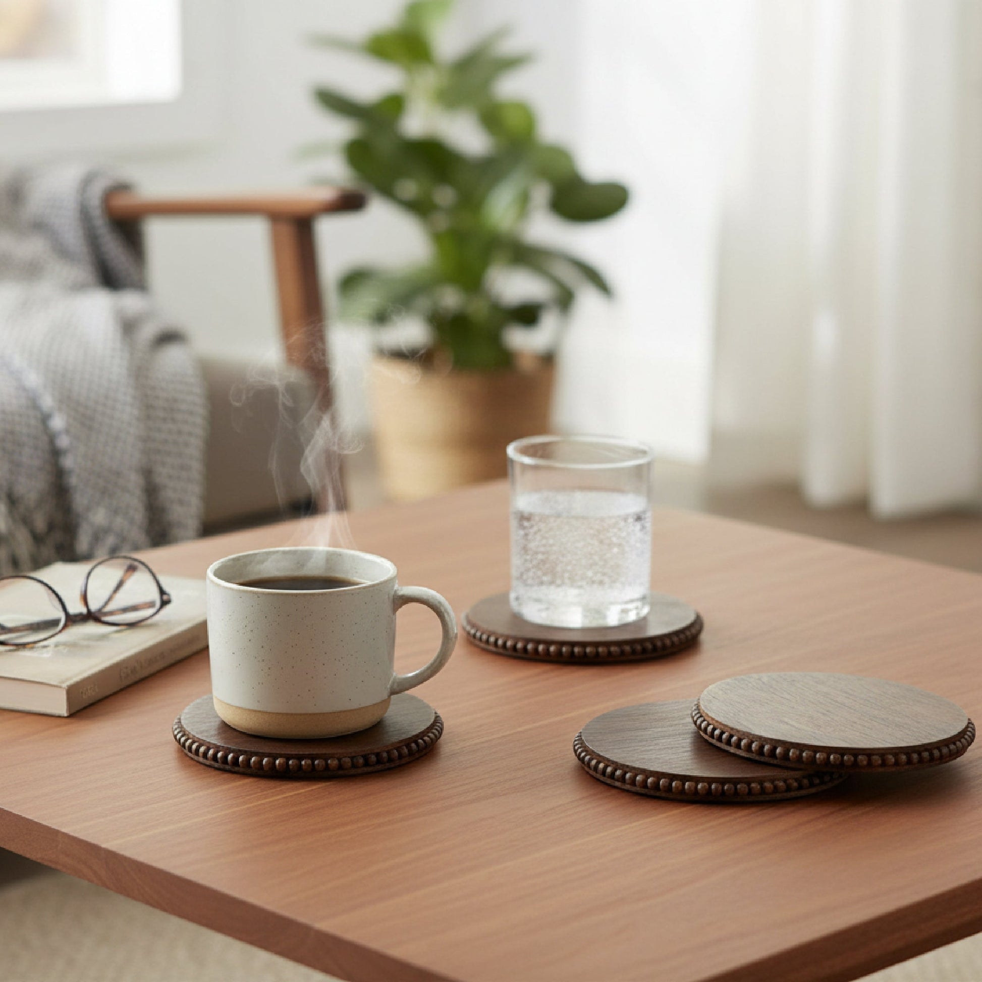 Dark Brown Beaded Round Wood Coasters – Set of 4