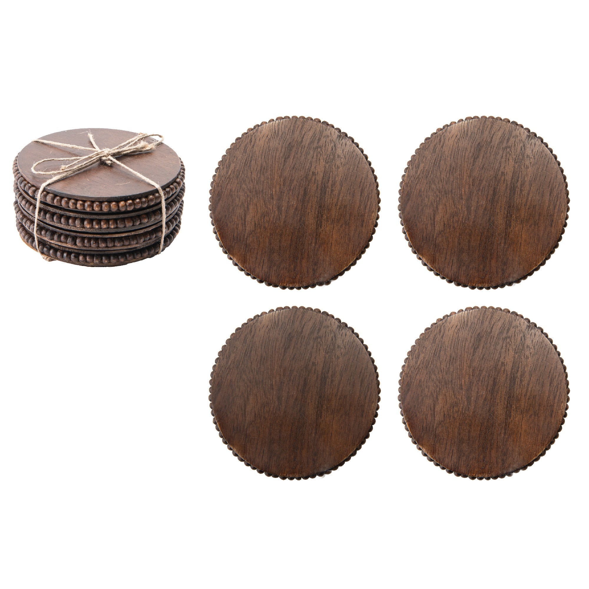 Dark Brown Beaded Round Wood Coasters – Set of 4
