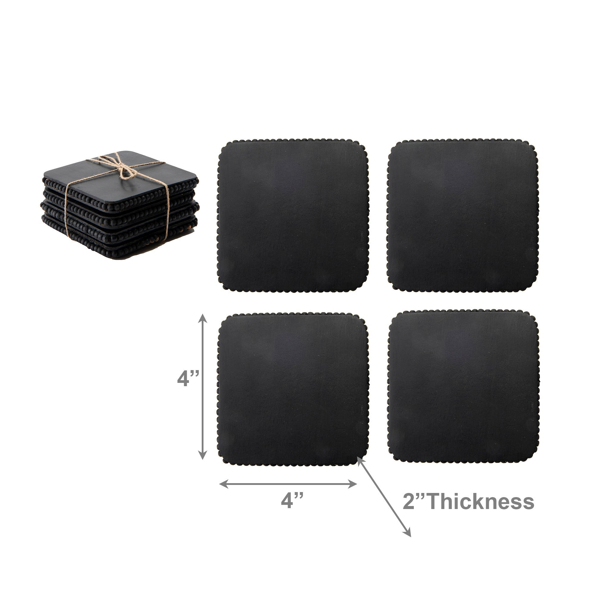 Black Beaded Square Wood Coasters – Set of 4