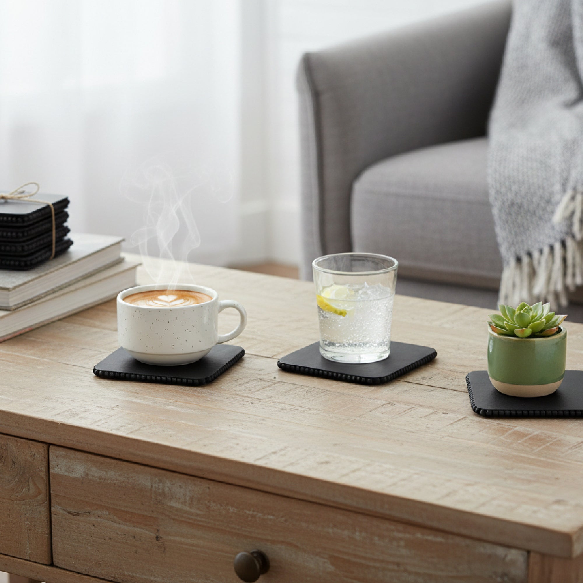 Black Beaded Square Wood Coasters – Set of 4
