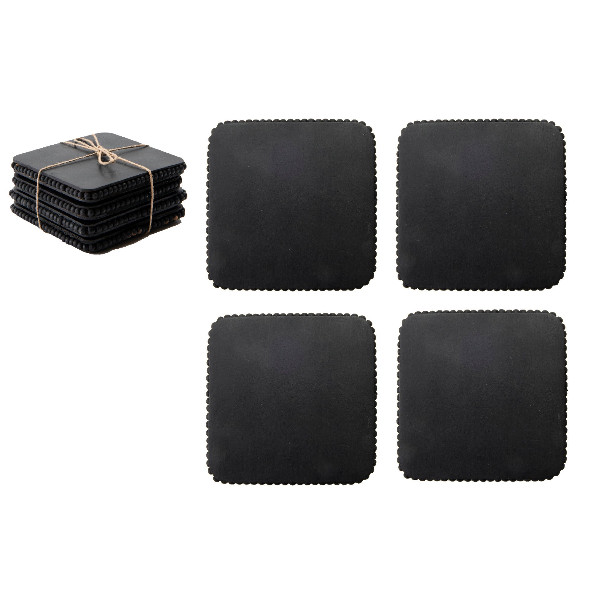 Black Beaded Square Wood Coasters – Set of 4