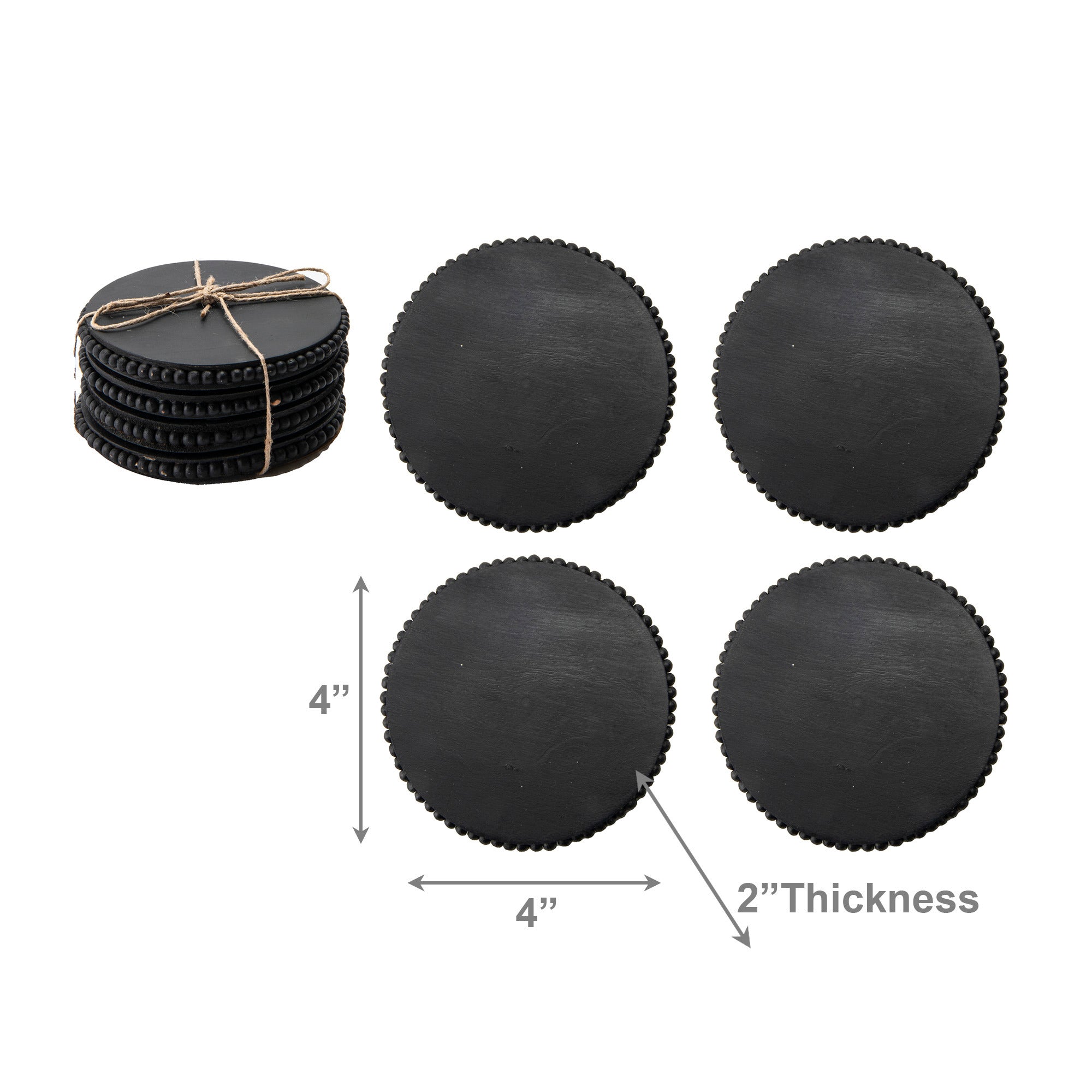 Black Beaded Round Wood Coasters – Set of 4