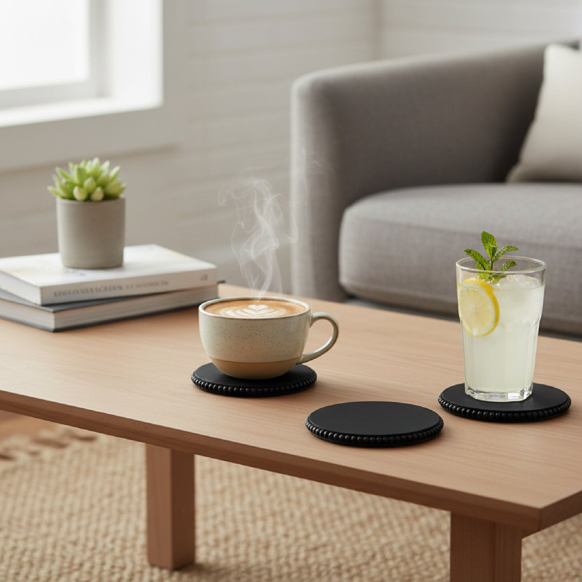 Black Beaded Round Wood Coasters – Set of 4