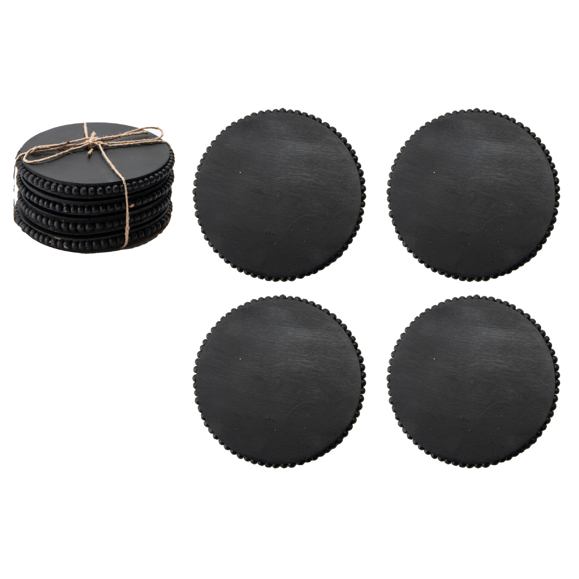 Black Beaded Round Wood Coasters – Set of 4