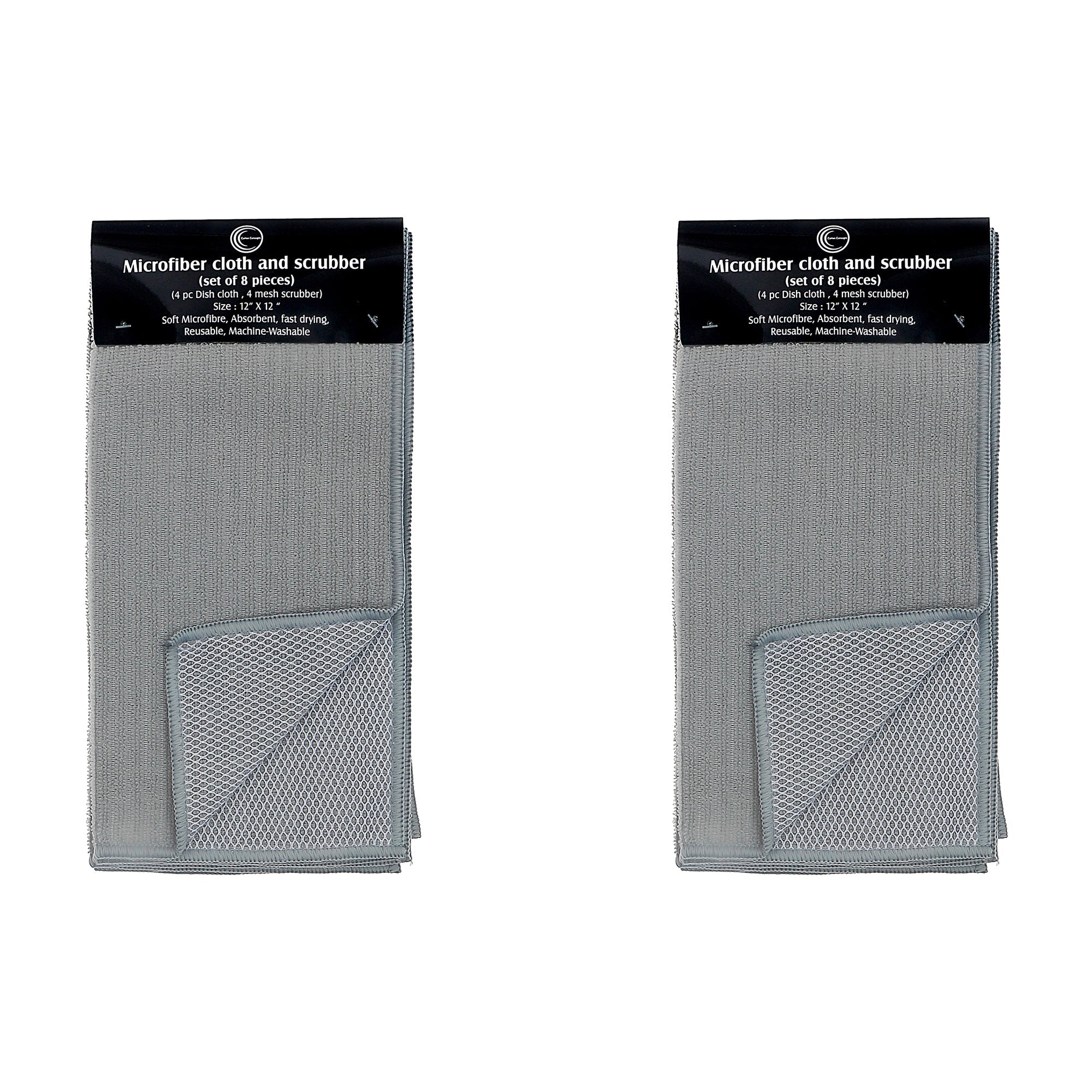 Grey Microfiber Dish Cloth and Scrubber Set, 8 Pieces, 2 Sets, Kitchen Cleaning Cloths, Reusable and Absorbent