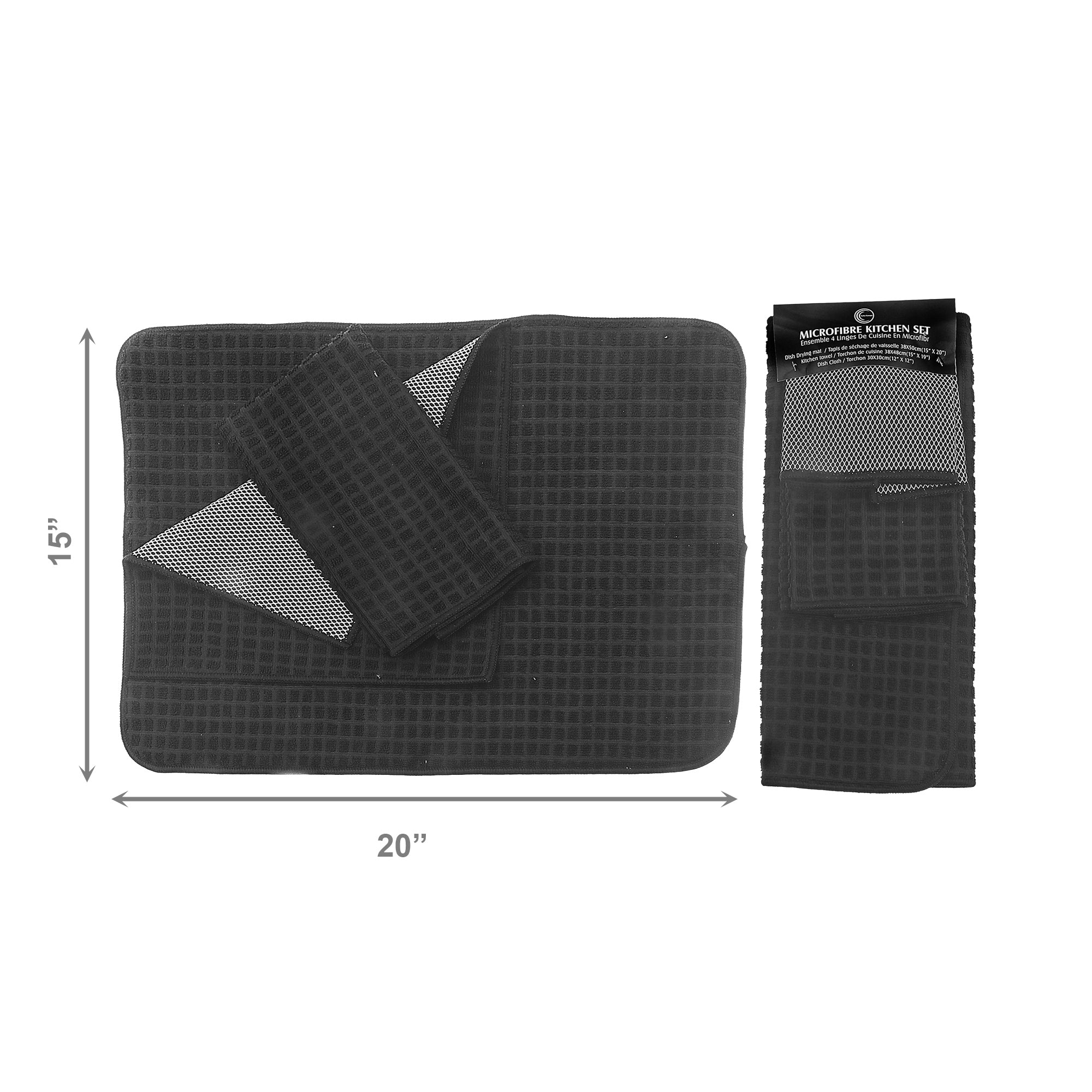 Black Microfibre Dish Drying Mats Set, 3-Pack Per Mat, Set of 2, Kitchen Counter Protector, Absorbent & Quick-Dry