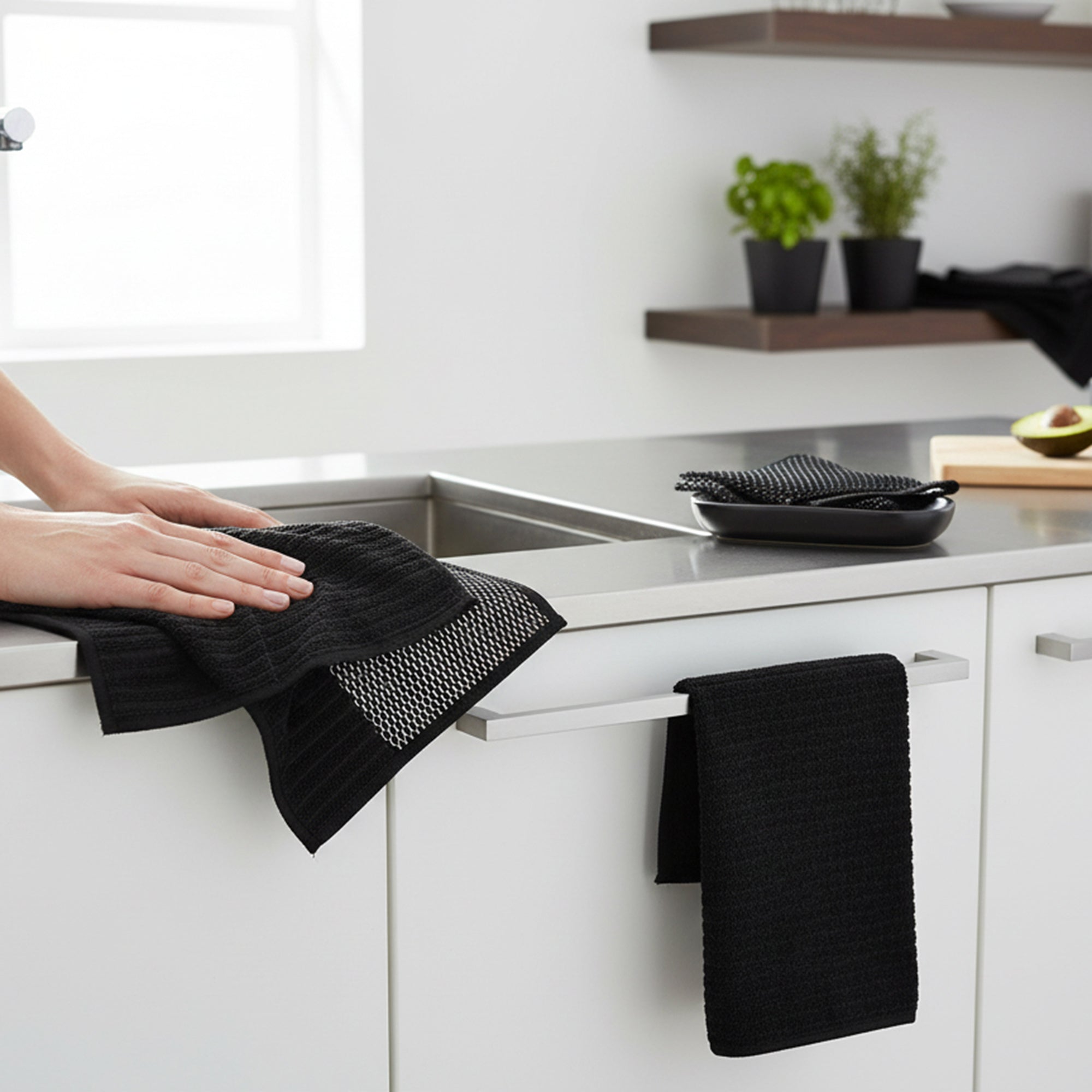 Black Microfibre Dish Drying Mats Set, 3-Pack Per Mat, Set of 2, Kitchen Counter Protector, Absorbent & Quick-Dry