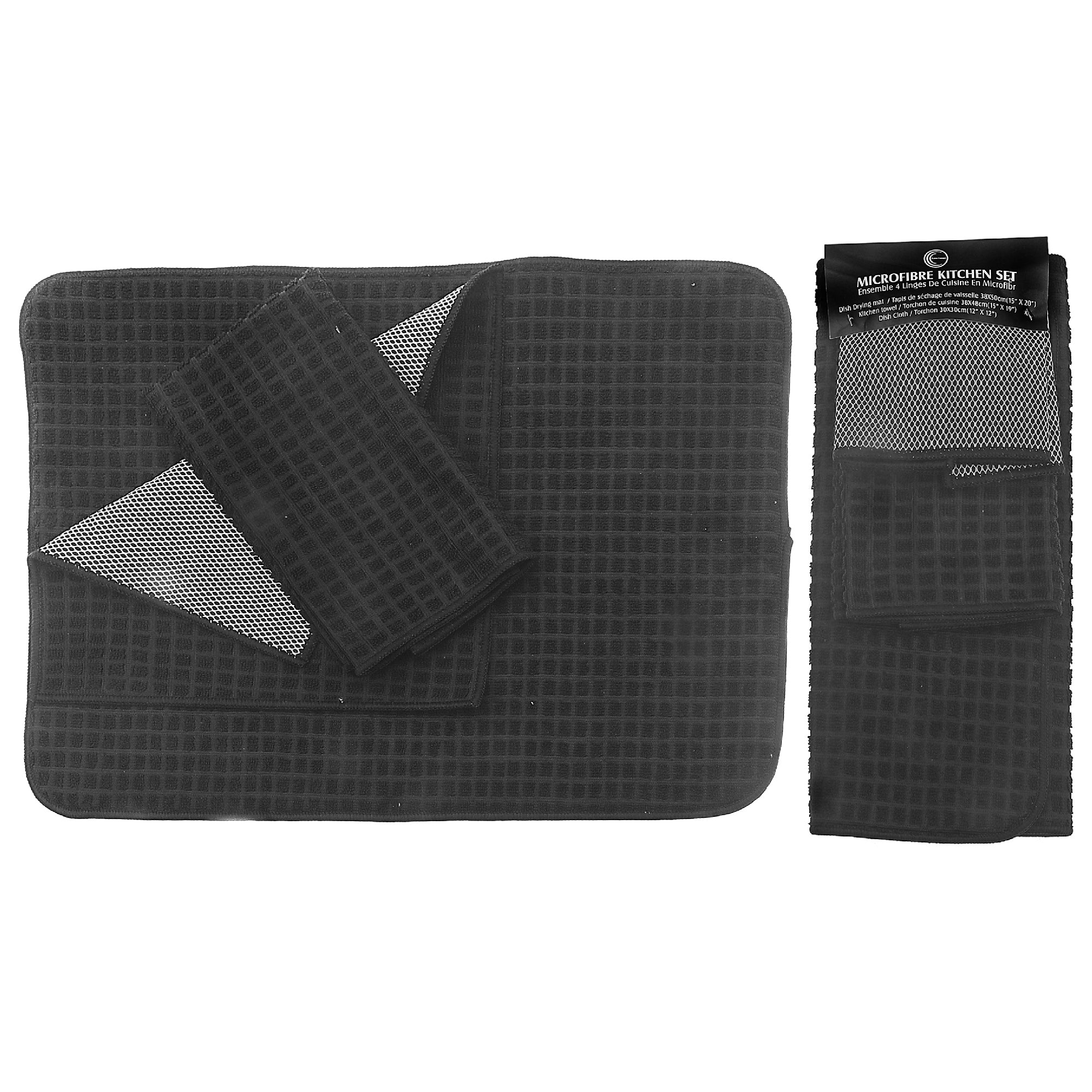 Black Microfibre Dish Drying Mats Set, 3-Pack Per Mat, Set of 2, Kitchen Counter Protector, Absorbent & Quick-Dry