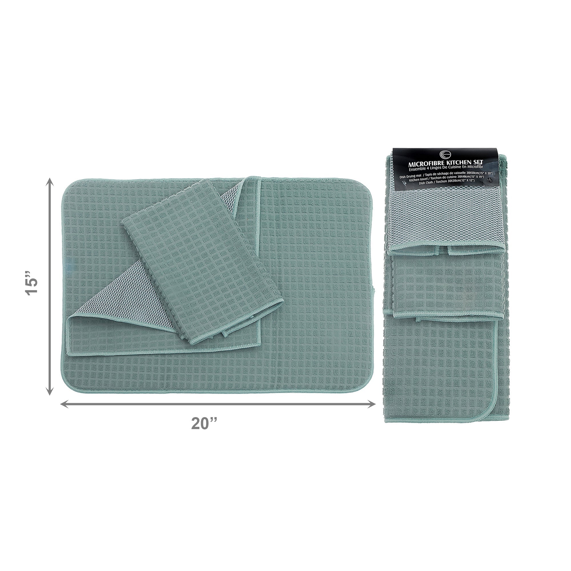 Green Microfibre Dish Drying Mats Set, 3-Pack Per Mat, Set of 2, Kitchen Counter Protector, Absorbent & Quick-Dry