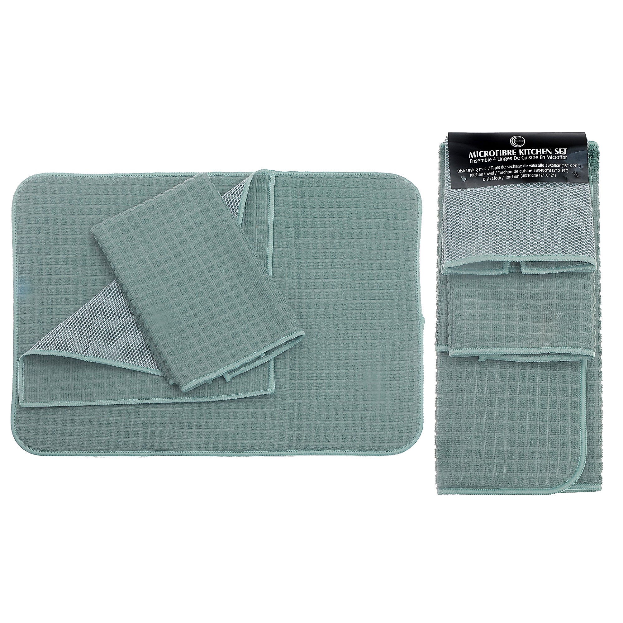 Green Microfibre Dish Drying Mats Set, 3-Pack Per Mat, Set of 2, Kitchen Counter Protector, Absorbent & Quick-Dry