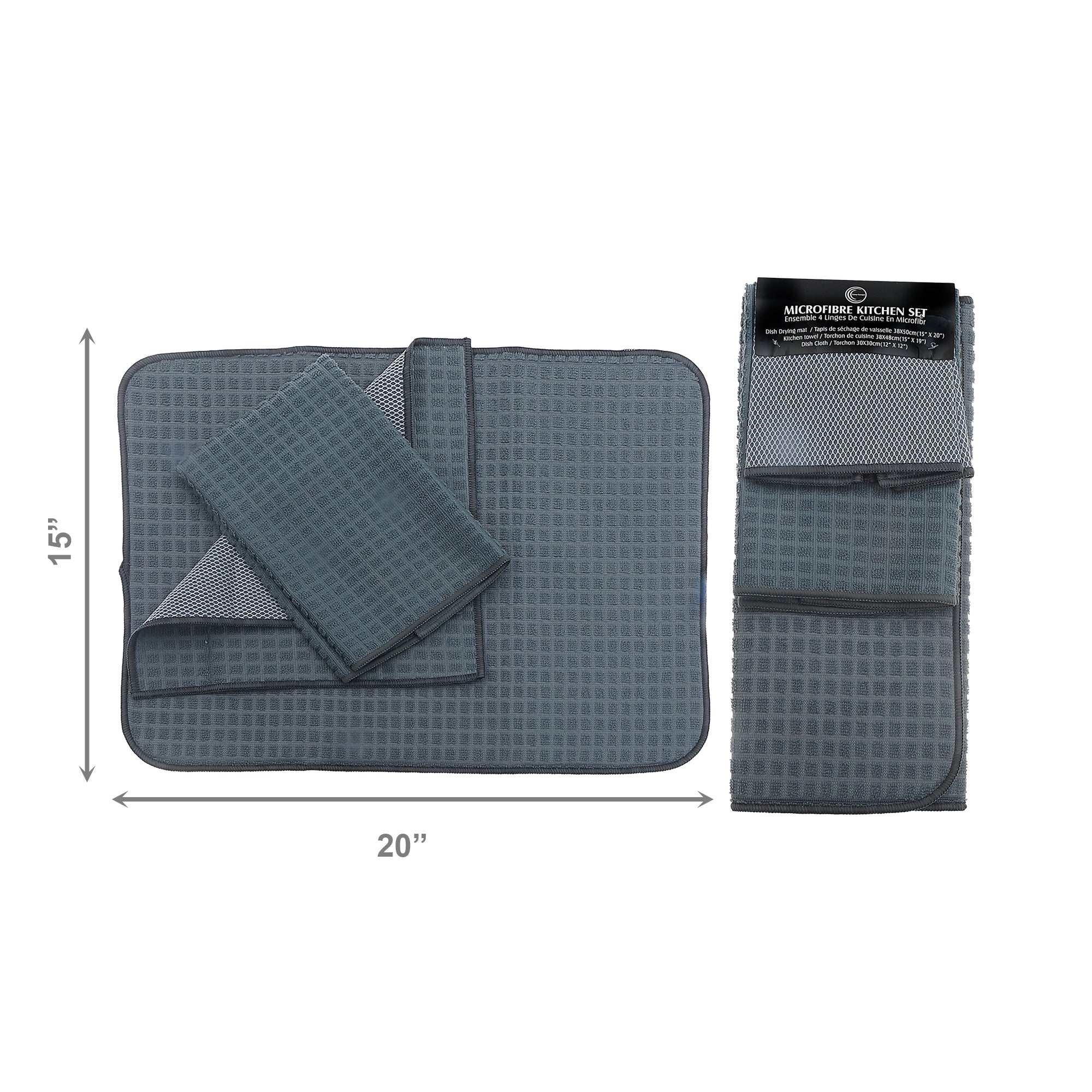 Grey Microfibre Dish Drying Mats Set, 3-Pack Per Mat, Set of 2, Kitchen Counter Protector, Absorbent & Quick-Dry
