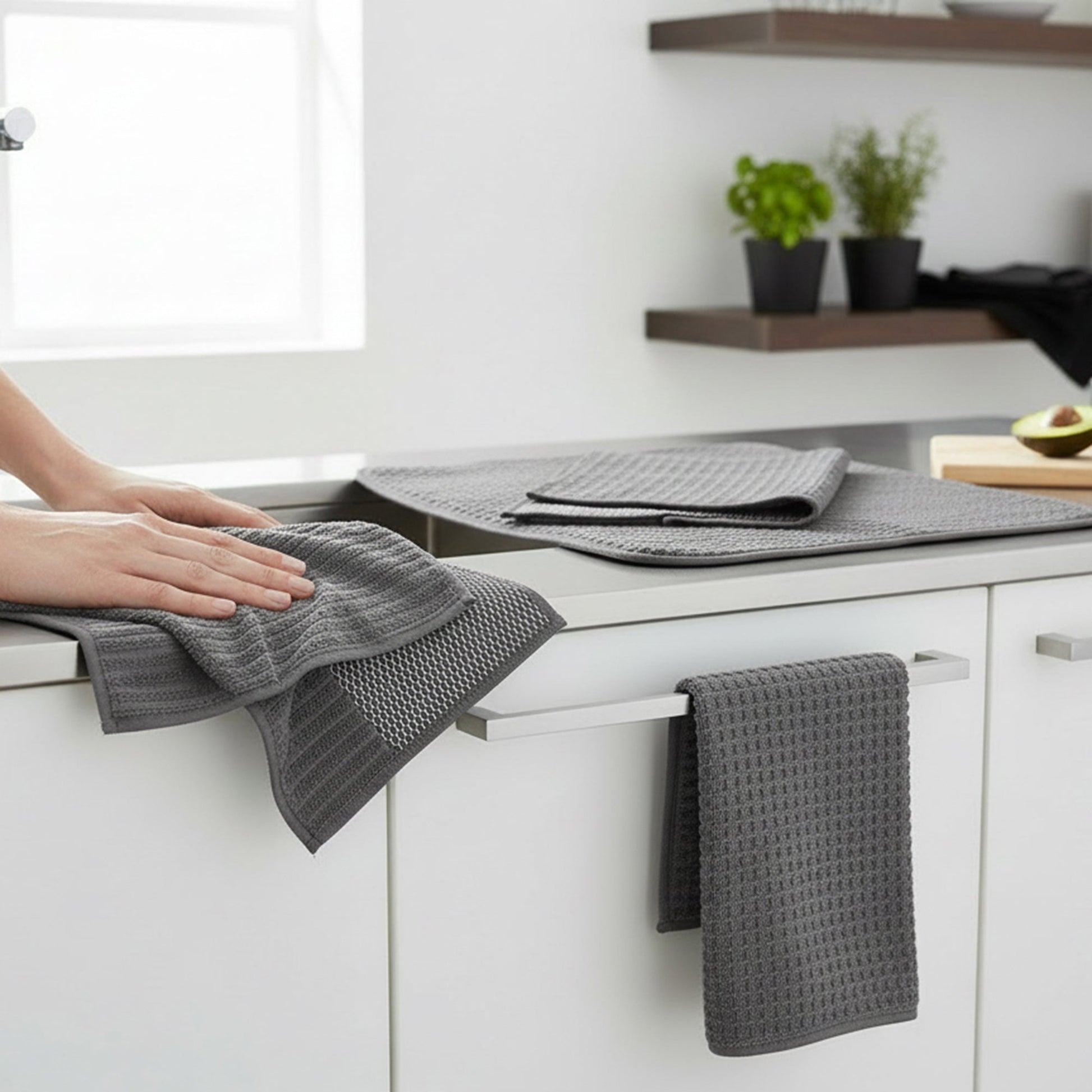 Grey Microfibre Dish Drying Mats Set, 3-Pack Per Mat, Set of 2, Kitchen Counter Protector, Absorbent & Quick-Dry