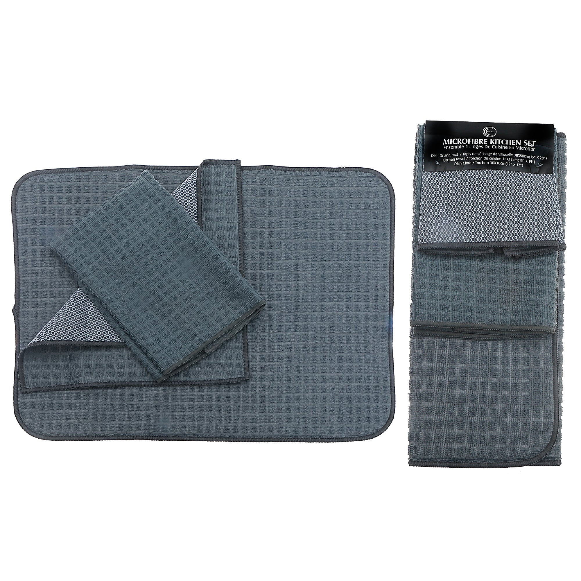 Grey Microfibre Dish Drying Mats Set, 3-Pack Per Mat, Set of 2, Kitchen Counter Protector, Absorbent & Quick-Dry