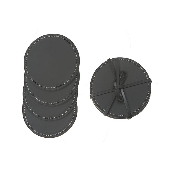 4Pc Round Genuine Leather Coasters