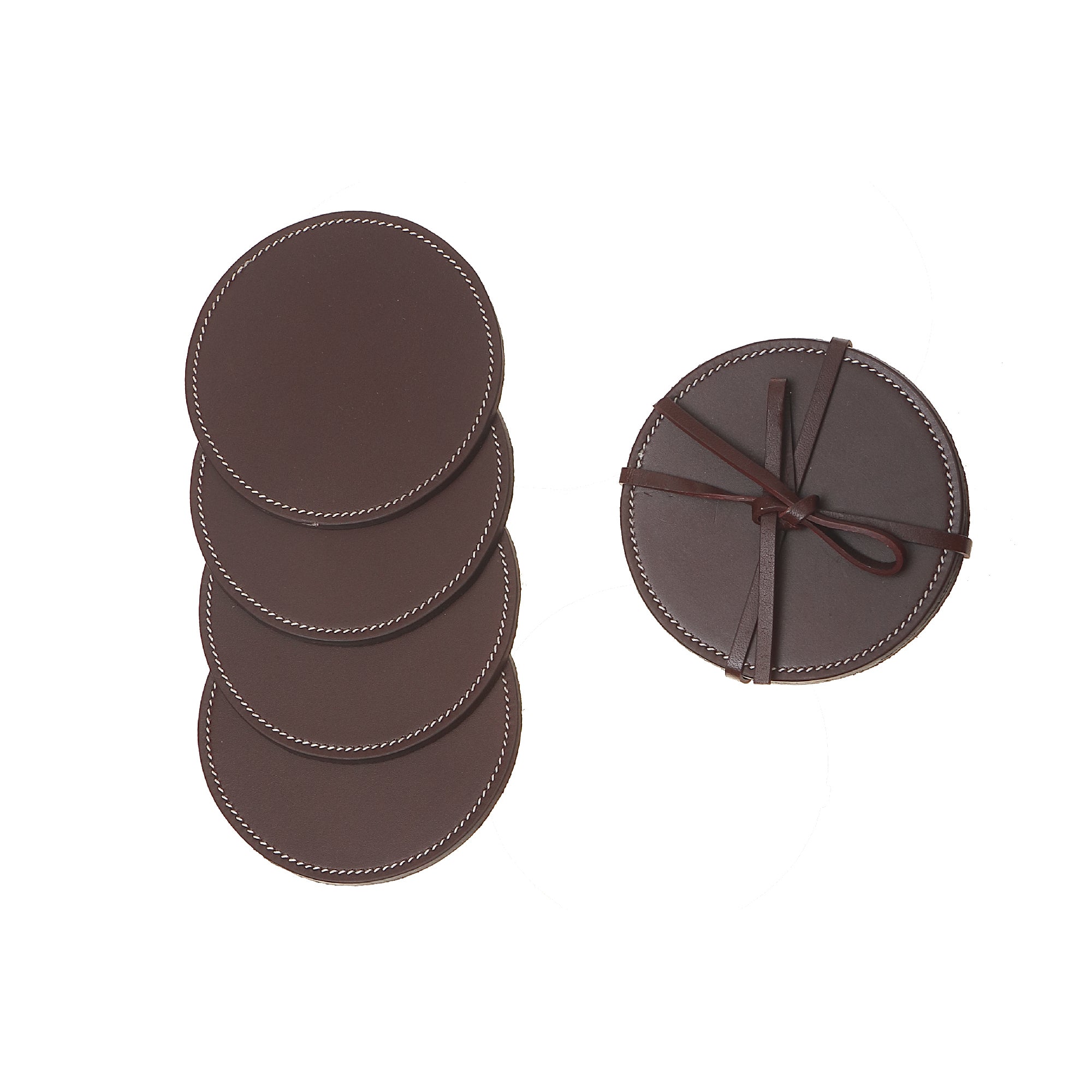 4 Piece Round Genuine Leather Coaster Set, Rustic Drink Coasters, Farmhouse Table Decor