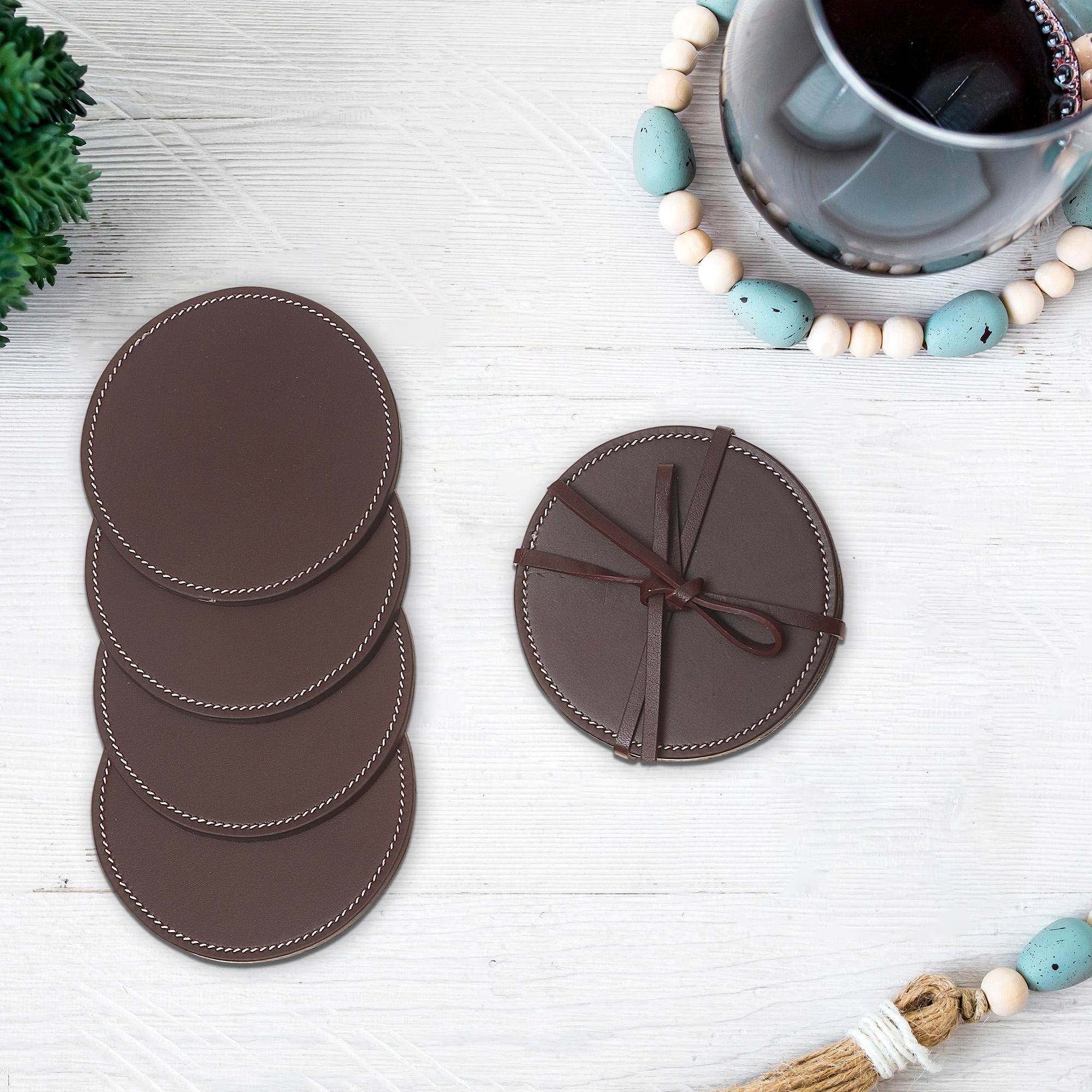 4 Piece Round Genuine Leather Coaster Set, Rustic Drink Coasters, Farmhouse Table Decor
