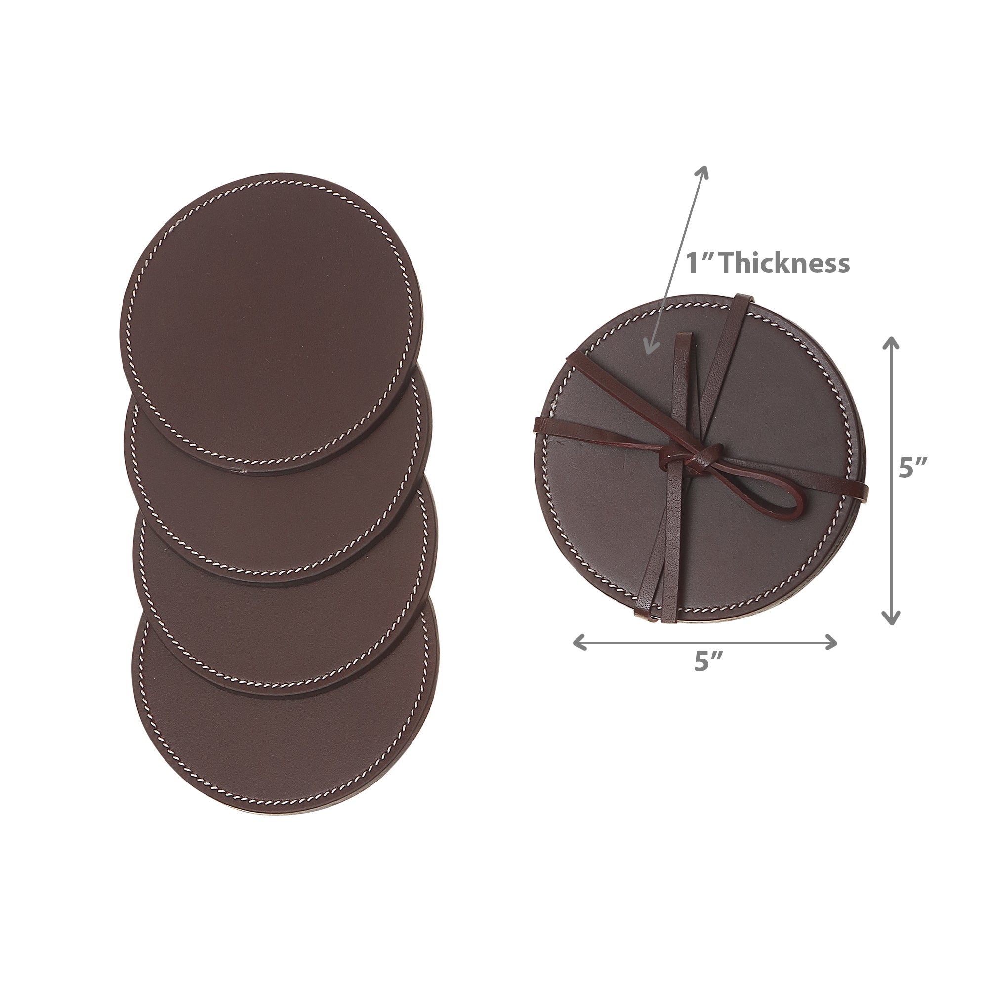 4 Piece Round Genuine Leather Coaster Set, Rustic Drink Coasters, Farmhouse Table Decor
