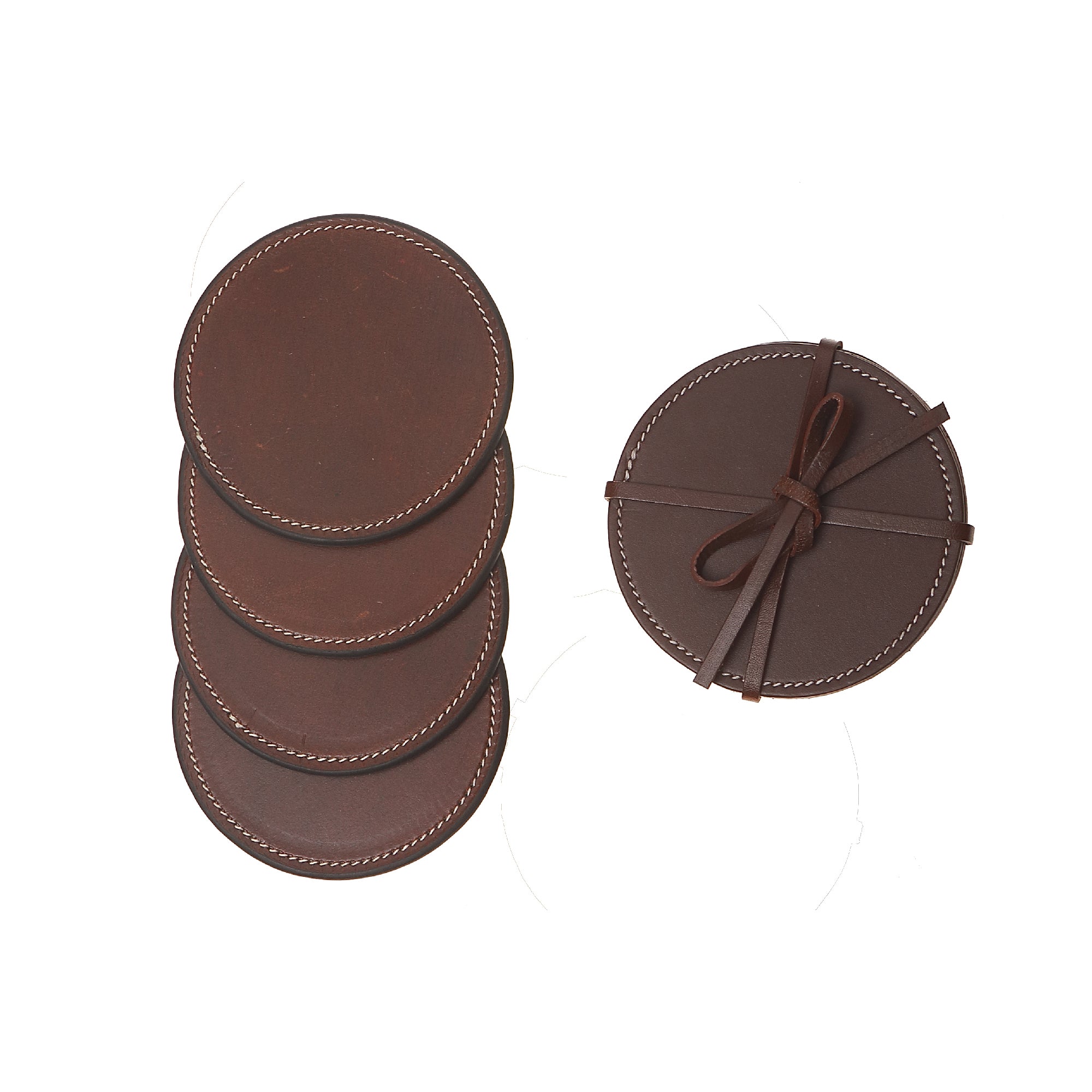 4 Piece Round Genuine Leather Coaster Set, Rustic Drink Coasters, Farmhouse Table Decor