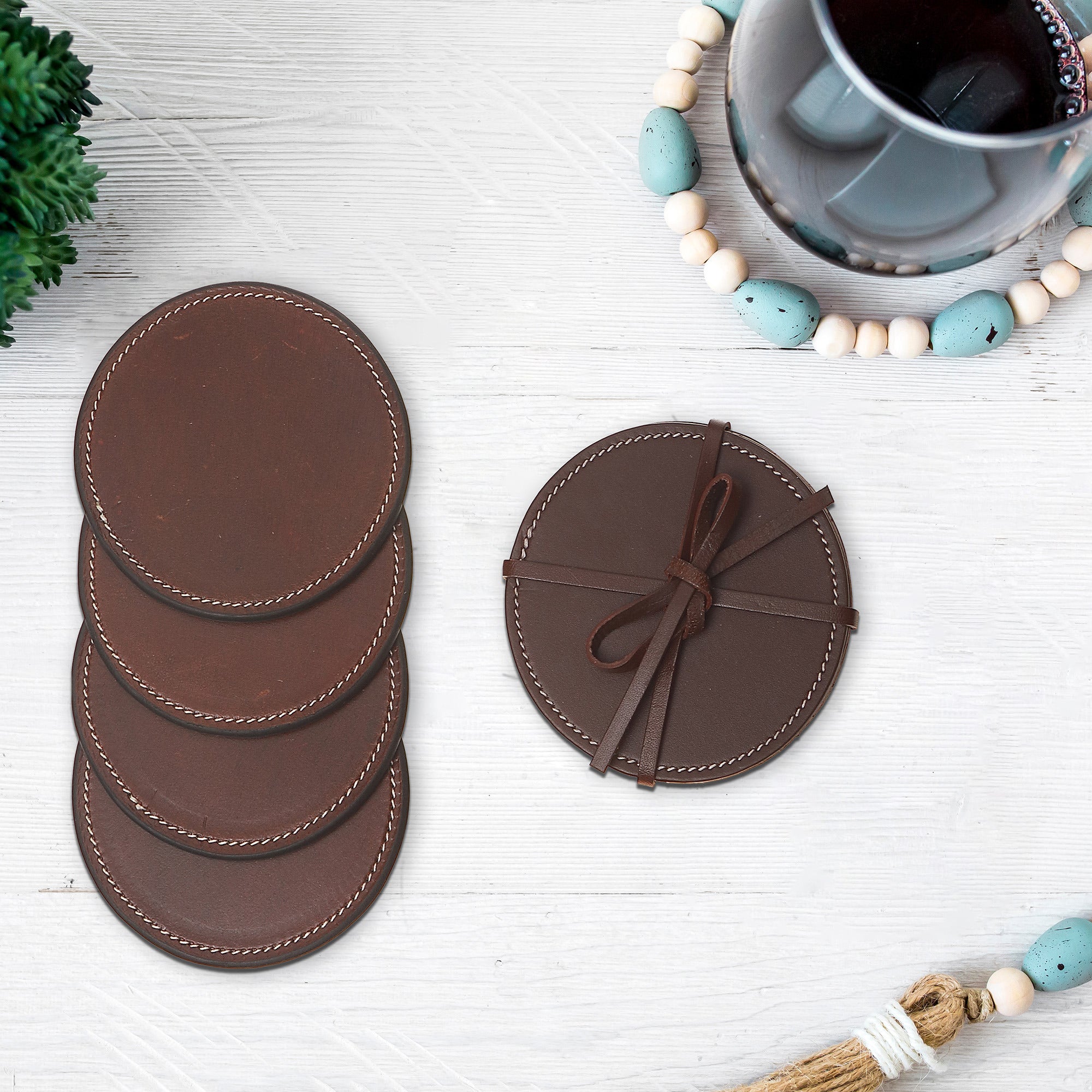 4 Piece Round Genuine Leather Coaster Set, Rustic Drink Coasters, Farmhouse Table Decor