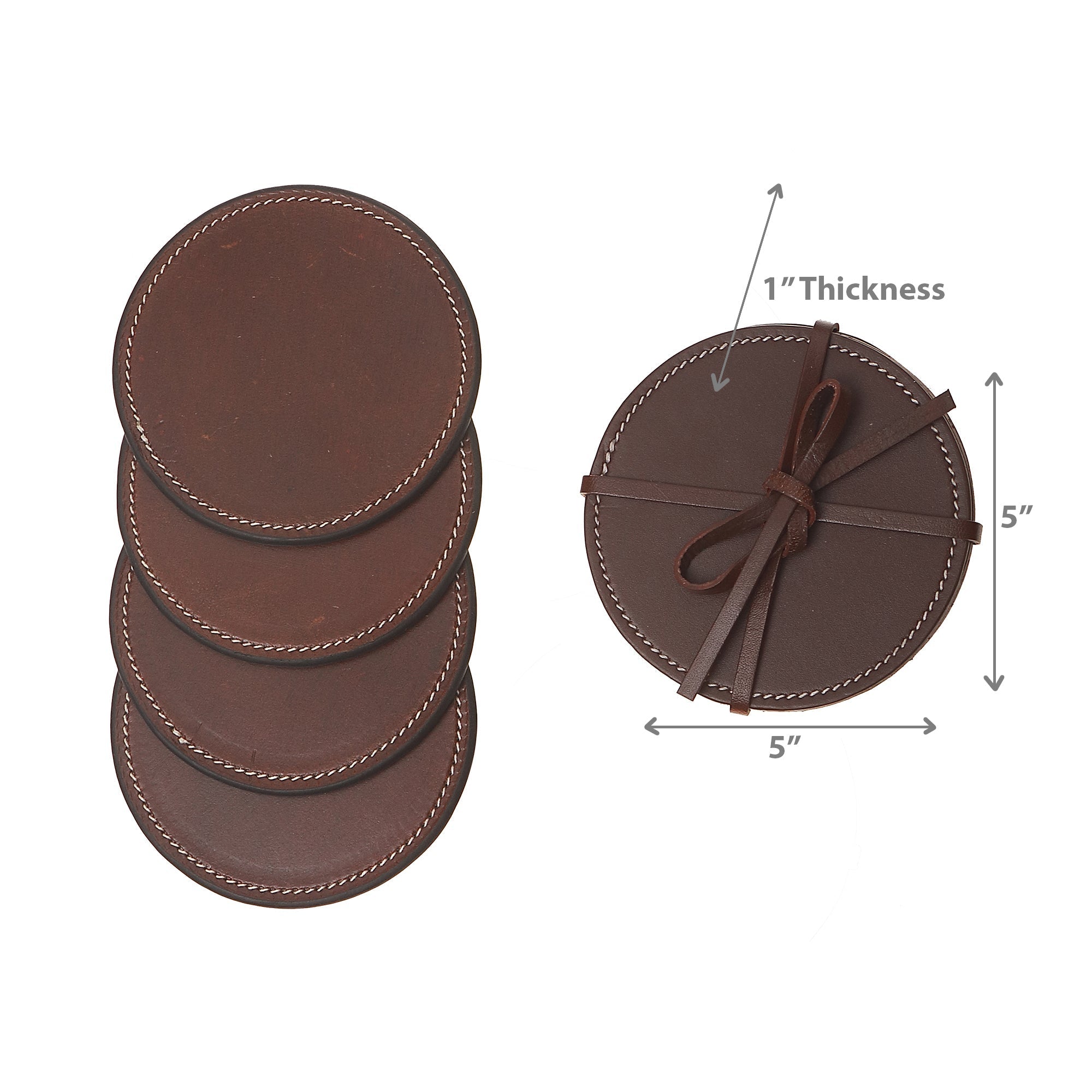 4 Piece Round Genuine Leather Coaster Set, Rustic Drink Coasters, Farmhouse Table Decor